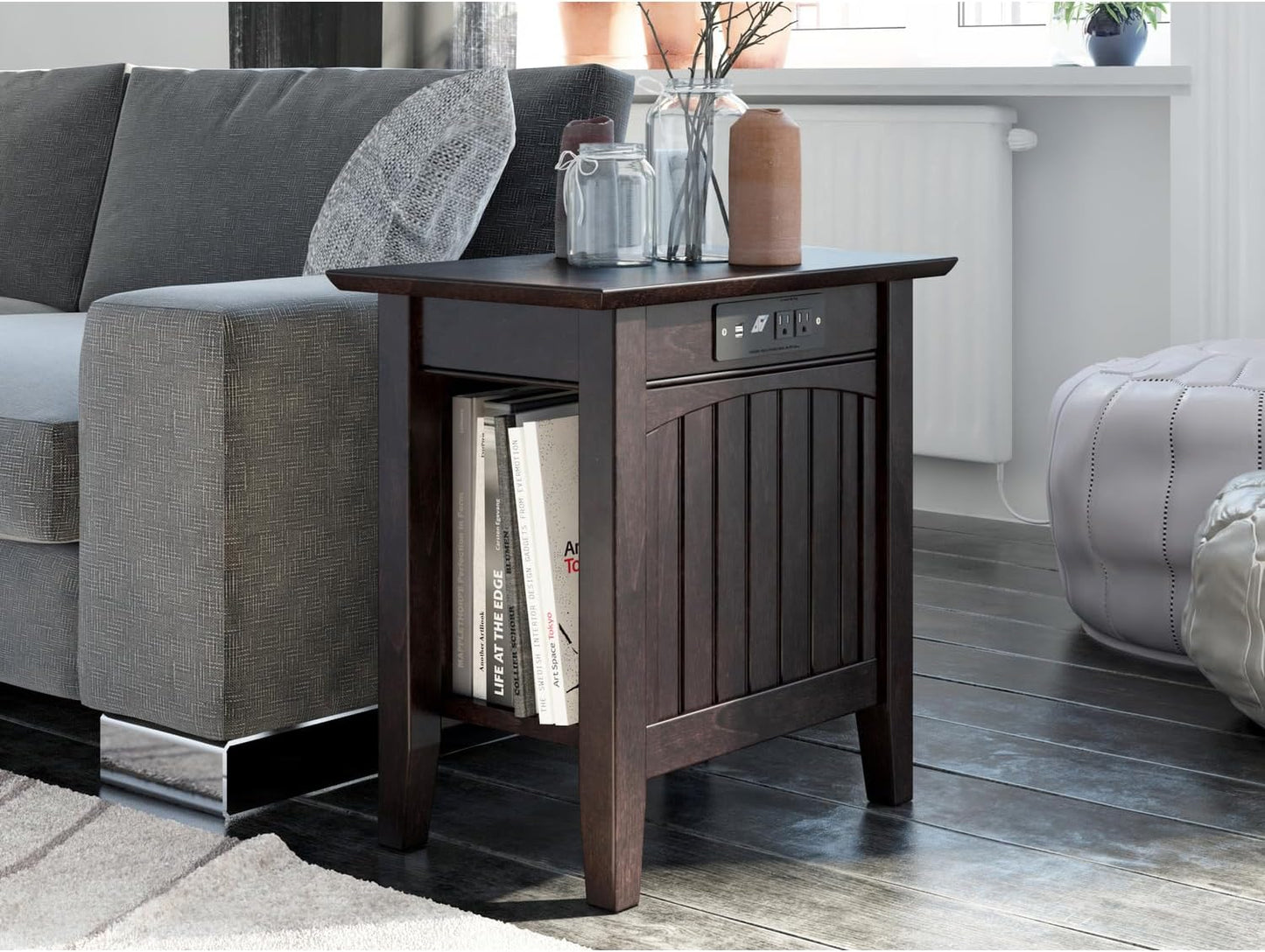 AFI Nantucket Chair Side Table with Built-in Charger in Espresso