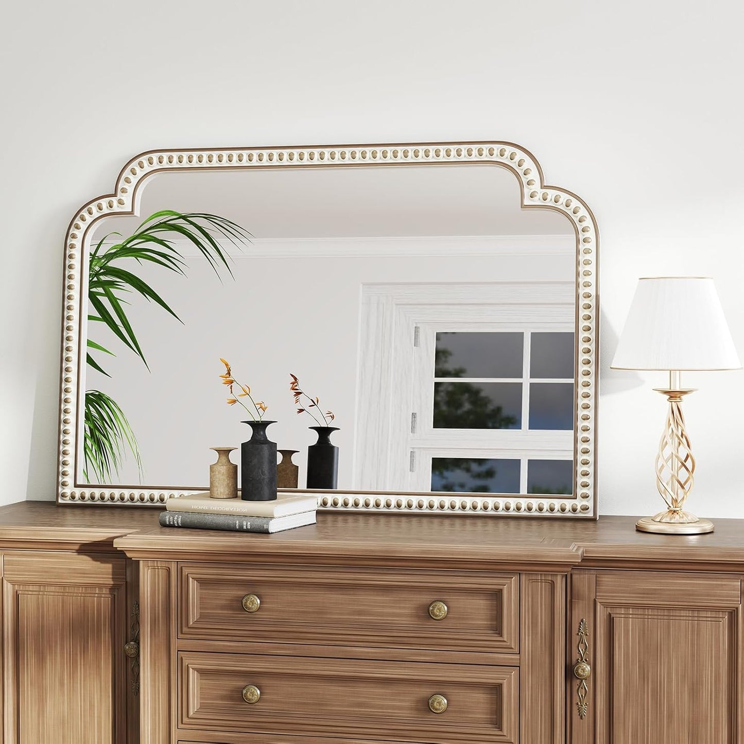 36''x24'' Farmhouse Wood Decorative Wall Mirrors with Beads, Boho Large Wide Arch Mirror for Living Room, Bedroom, Entryway, Fireplace