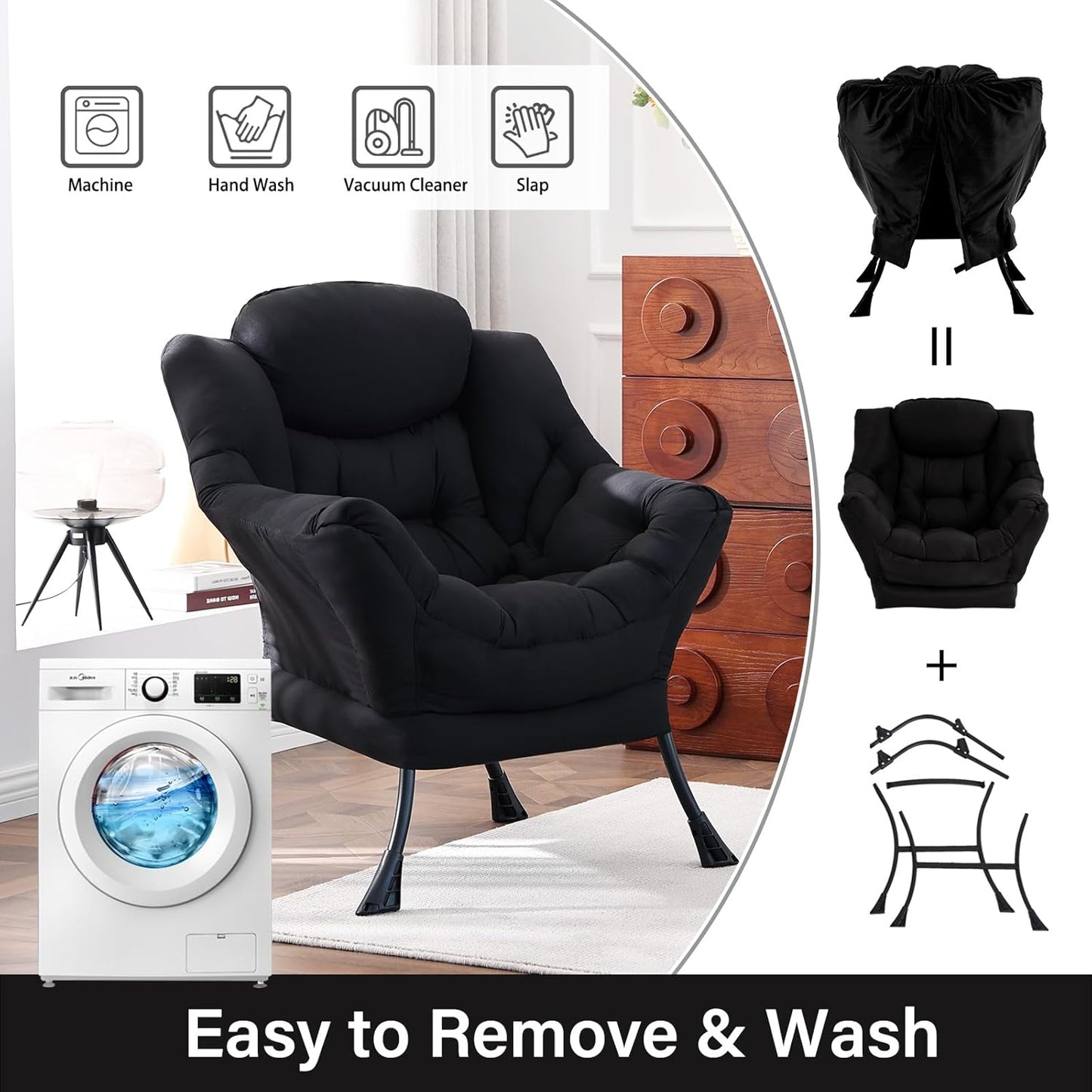 Lazy Chair, Reading Armchair, Large Modern Lounge Accent Chair, Leisure Sofa Chair for Living Room, Bedroom, Dorm Room (Black)