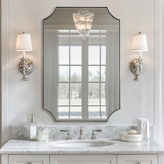 ANDY STAR 24x36 Inch Chrome Mirror, Scalloped Bathroom Mirror, Polished Chrome Framed Mirror in Anti-Rust Stainless Steel Metal Thin Frame Deep 1’’, Unique Scalloped Edge Design