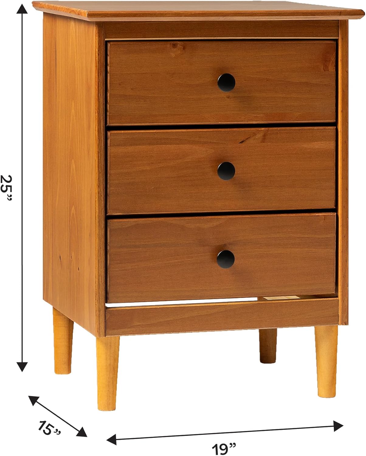 Walker Edison Traditional Wood 3 Drawer Nightstand Side Table Bedroom Storage Drawer and Shelf Bedside End Table, 18 Inch, Caramel