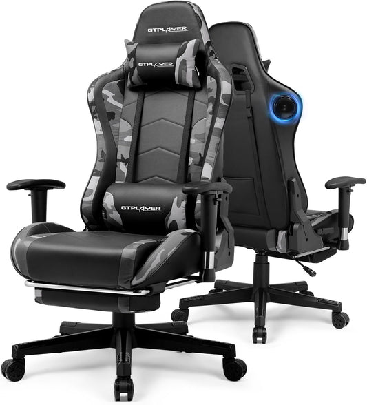GTPLAYER Gaming Chair with Bluetooth Speakers and Footrest, Ergonomic Gamer Chair with Reclining Backrest, 3D Armrests, Adjustable Seat Height, Computer Desk Chair for Adults (Camouflage)