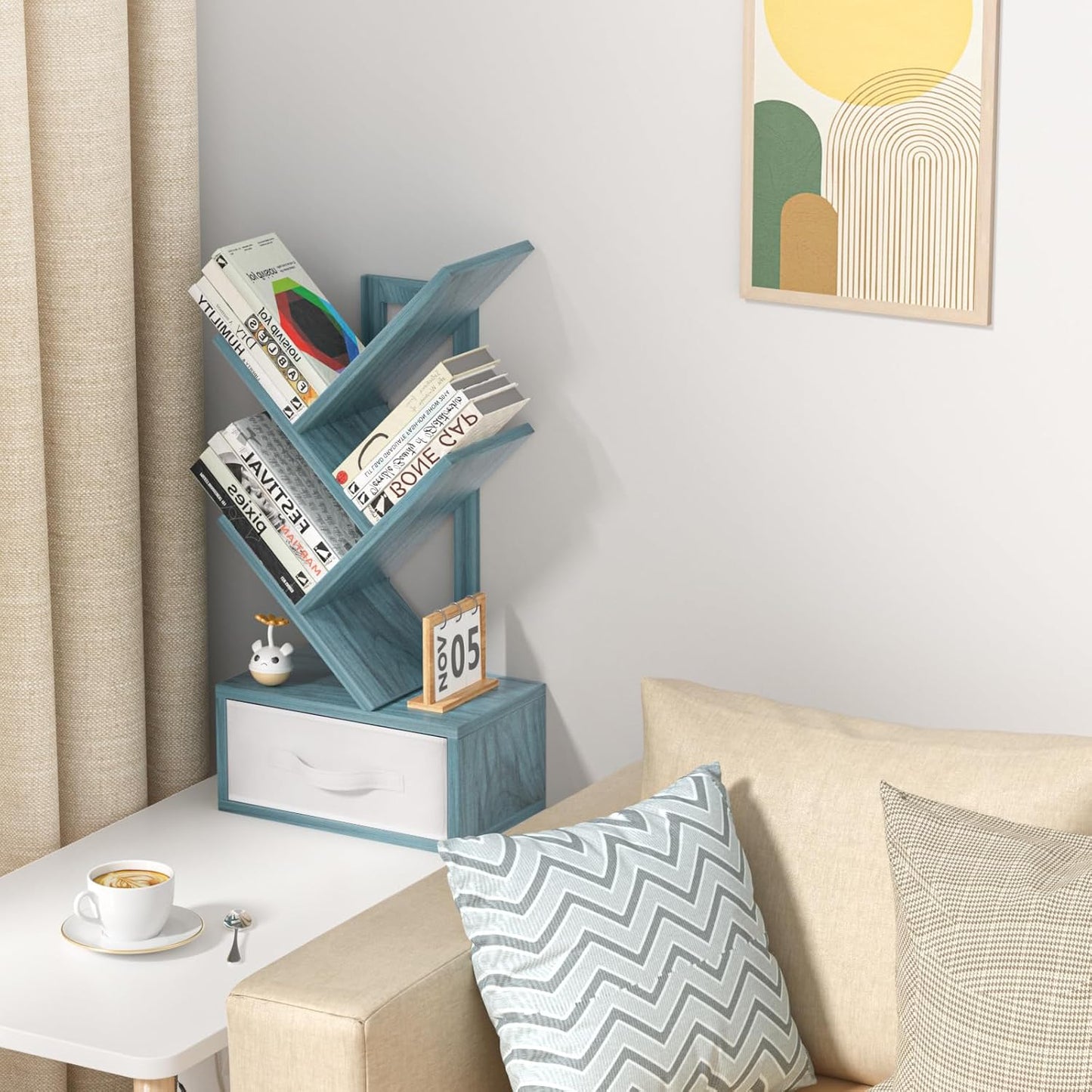 Small Book Shelf with Drawer,4 Tier Black Tree Bookshelf,Blue Desktop Bookcase,Modern Desk Display Storage Bookshelves,Floor Standing Organizer Bookcases for Living Room,Bedroom,Office