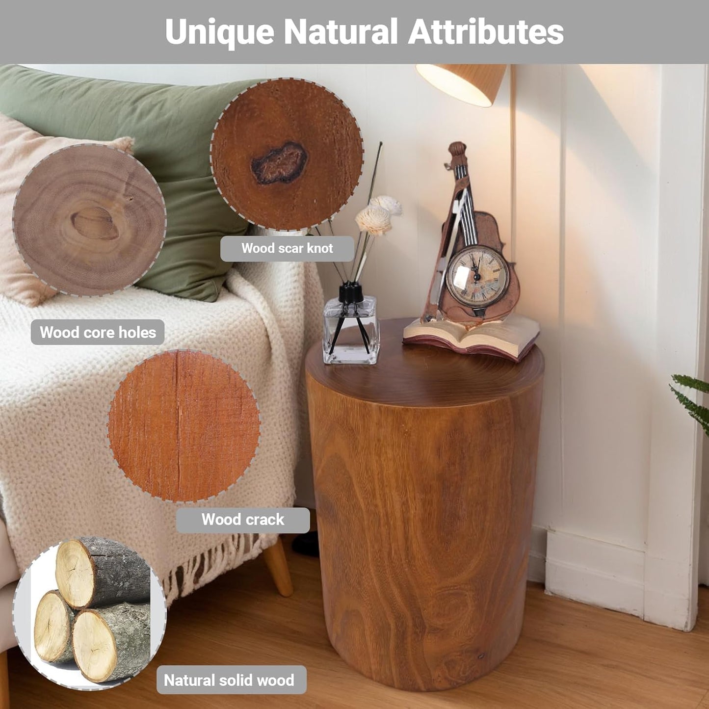 Athaliah Wooden Tree Stump End Table, 15.75" Paulownia Wood Hand Carved Rustic Wood Side Table, Wood Stump for Plant Stand Decor Nightstands Stool Indoor Outdoor