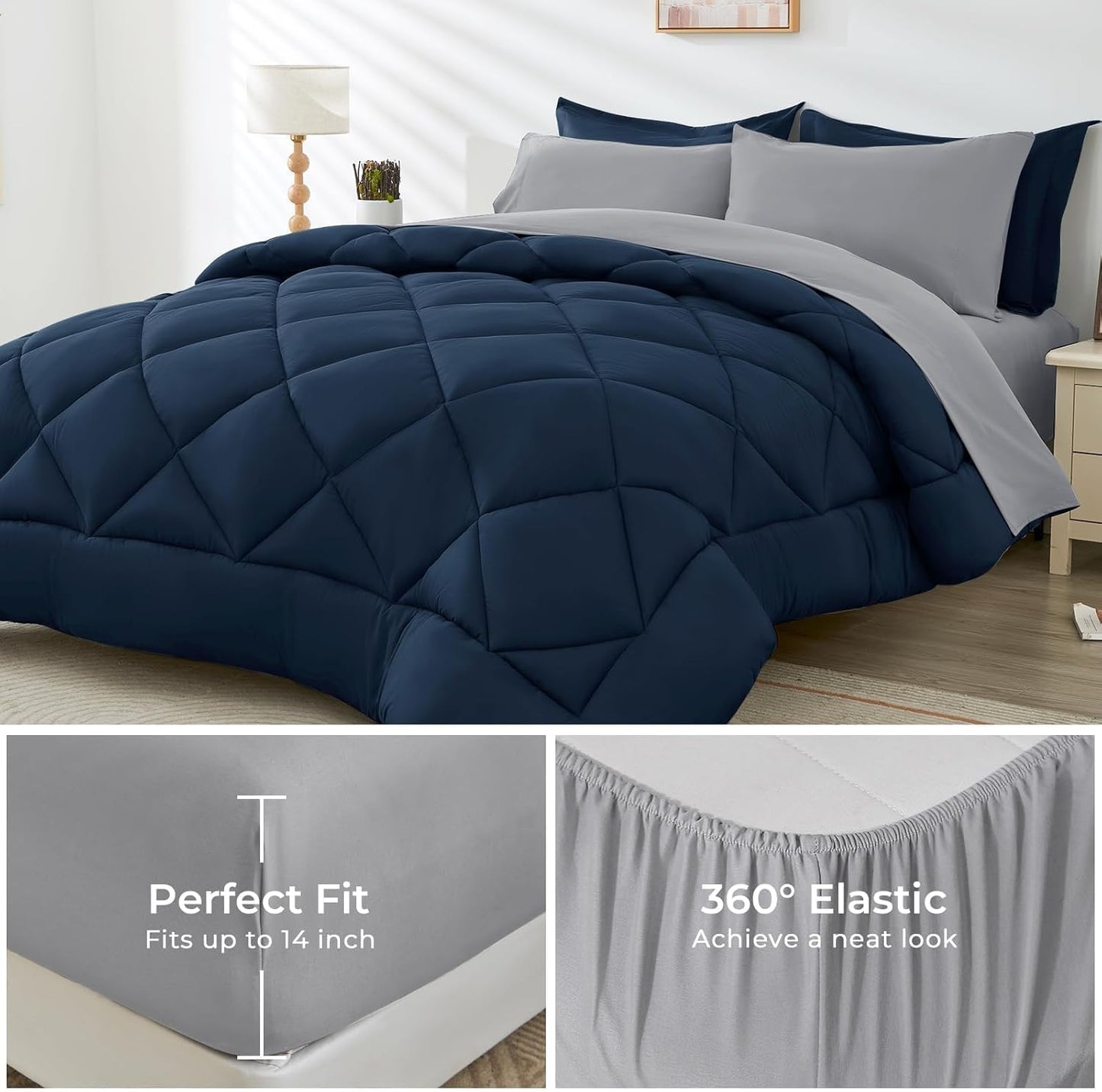 HEVUMYI Twin Comforter Set - 5-Piece All Season Bed in a Bag Twin, Ultra Soft Bedding Set with Comforter, Flat Sheet, Fitted Sheet, Pillowcases, Pillow Shams, Navy Blue & Light Grey