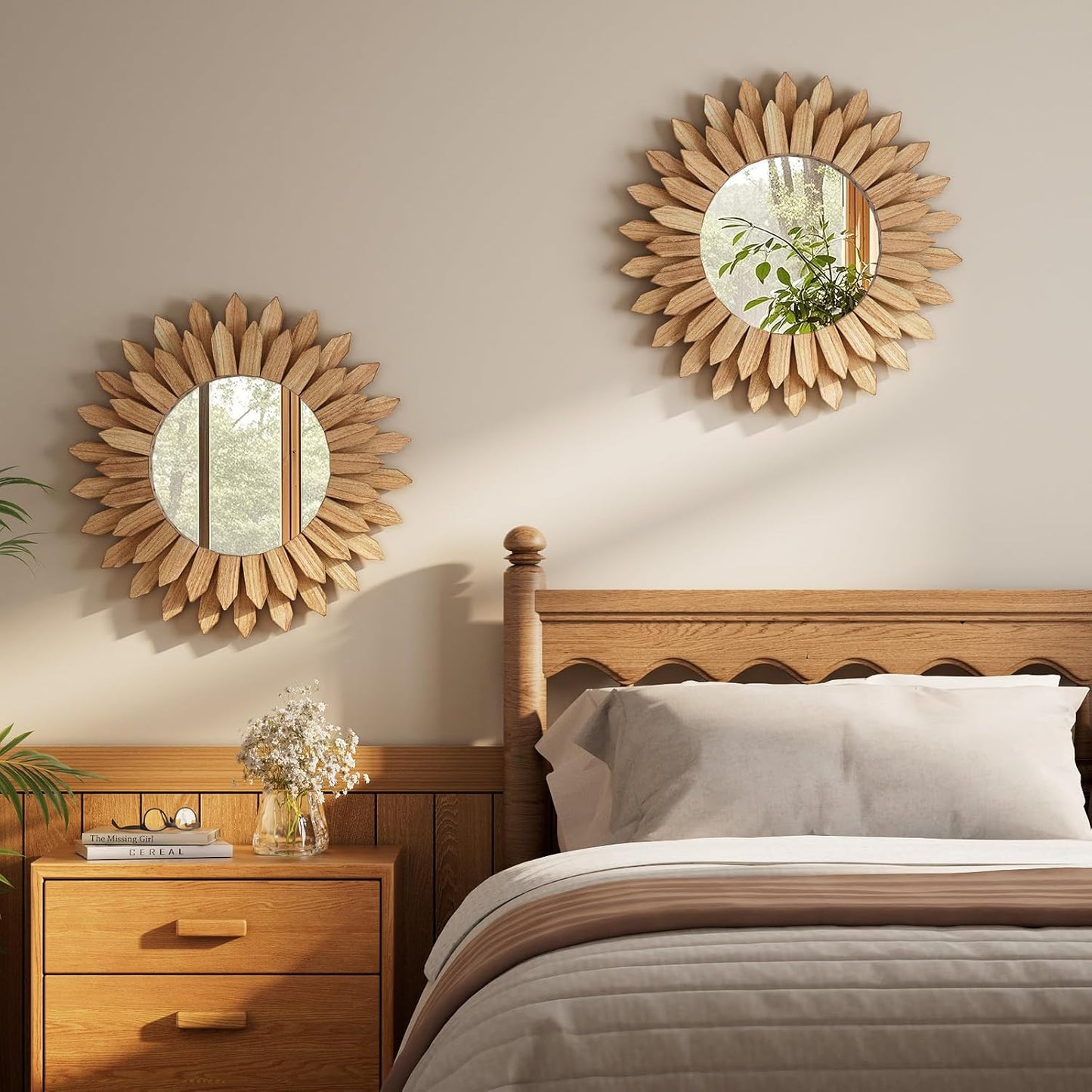 20 Inch Brown Boho Wall Decor Sunburst Mirror - Round Wooden Wall Decor, Handmade Rustic Circular Mirror for Living Room, Bedroom, Entryway, Office