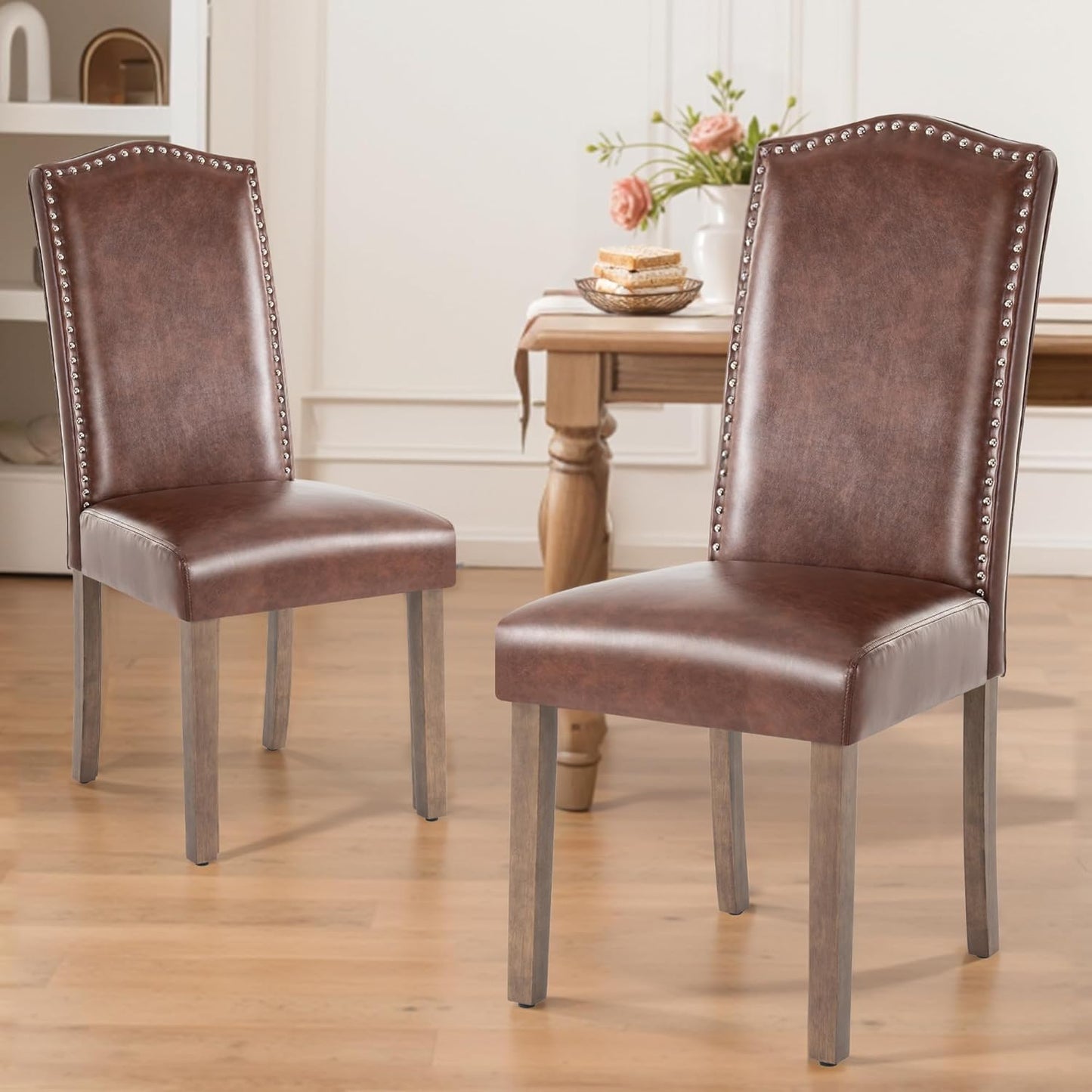Stylish Upholstered Parsons Dining Chair PU Faux Leather with Silver Nailhead Trim and Sturdy Solid Wood Legs
