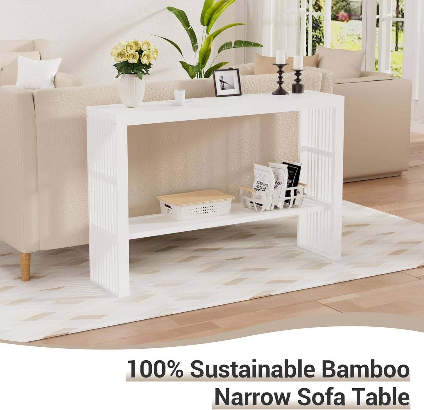Bamboo Wood Console Table 47.2" Entryway Table, 2-Tier Farmhouse Narrow Sofa Table w/Storage Shelf, Couch Table Behind Sofa Easy Assembly for Entrance, Hallway, Living Room, Foyer(White)