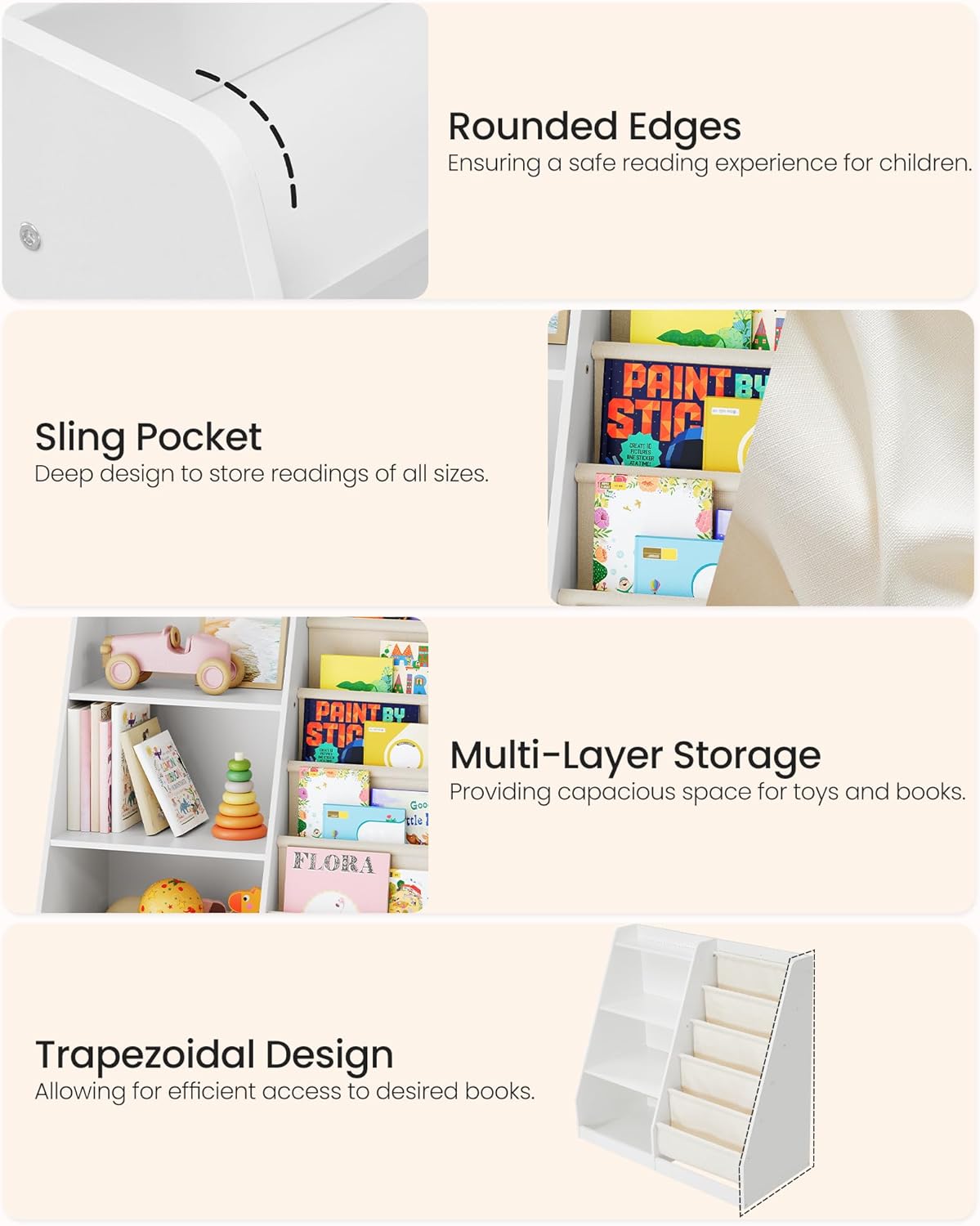 35.4" Kids Bookshelf and Toy Storage, 6 Layer Fabric Toddler Bookshelf, Kids Toy Storage Organizer, Sling Kids Bookcase, for Playroom, Bedroom, Nursery, Classroom, White MCW05WT