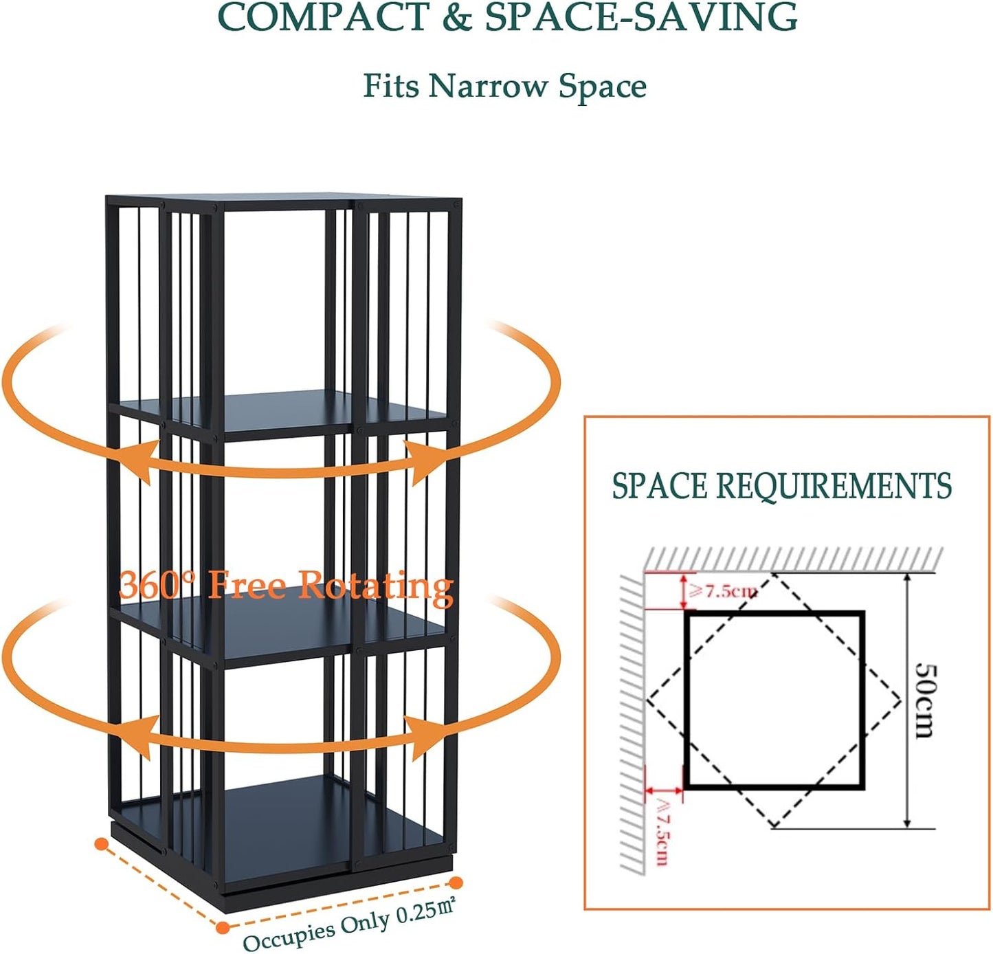 Square Rotating Bookshelf Tower - 360 Spinning Display Corner Bookcase for Narrow Space, Modern 3-Tier Revolving Storage Shelf, Black