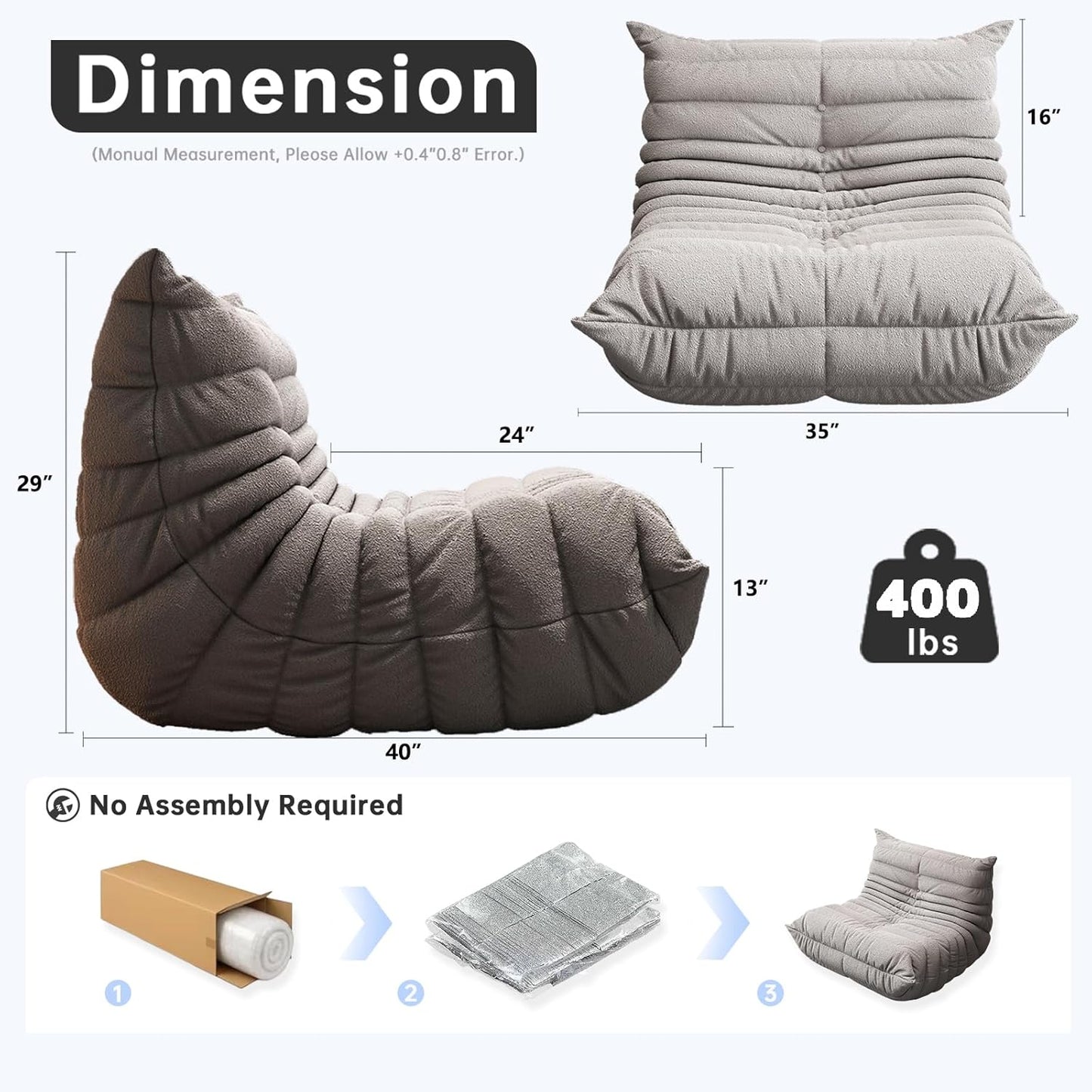 Bean Bag Chairs for Adults, BeanBag Reading Chair Memory Foam Couch, Floor Chair Soft Teddy Material, Comfy Reading Nook Chairs for Bedroom Living Room Office (Grey)