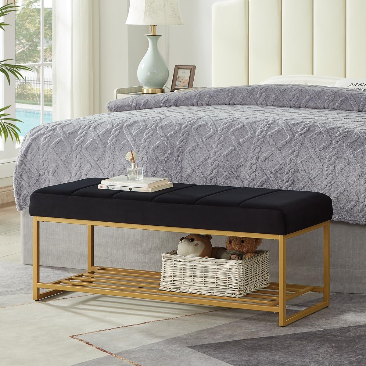 24KF Black Velvet Upholstered End of Bed Bench with Metal Shelf, Modern Tufted Channel Entryway Bench Footboard Bench for Living Room, Bedroom, Gold Bench,5036-Black