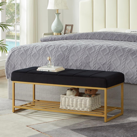 24KF Black Velvet Upholstered End of Bed Bench with Metal Shelf, Modern Tufted Channel Entryway Bench Footboard Bench for Living Room, Bedroom, Gold Bench,5036-Black