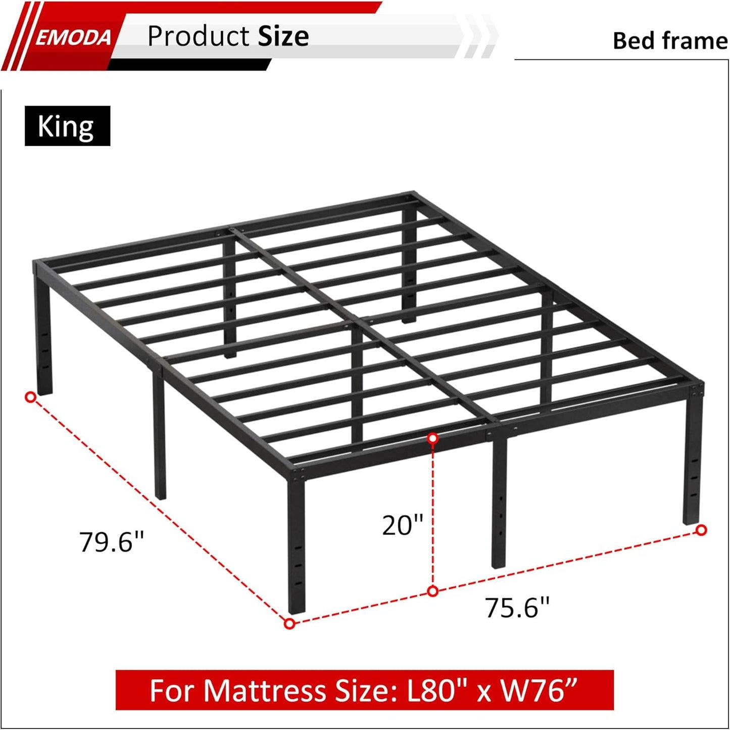 EMODA 20 Inch King Bed Frame No Box Spring Needed, Heavy Duty Tall Metal Platform with Large Storage Space, Noise Free, Easy Assembly, Black