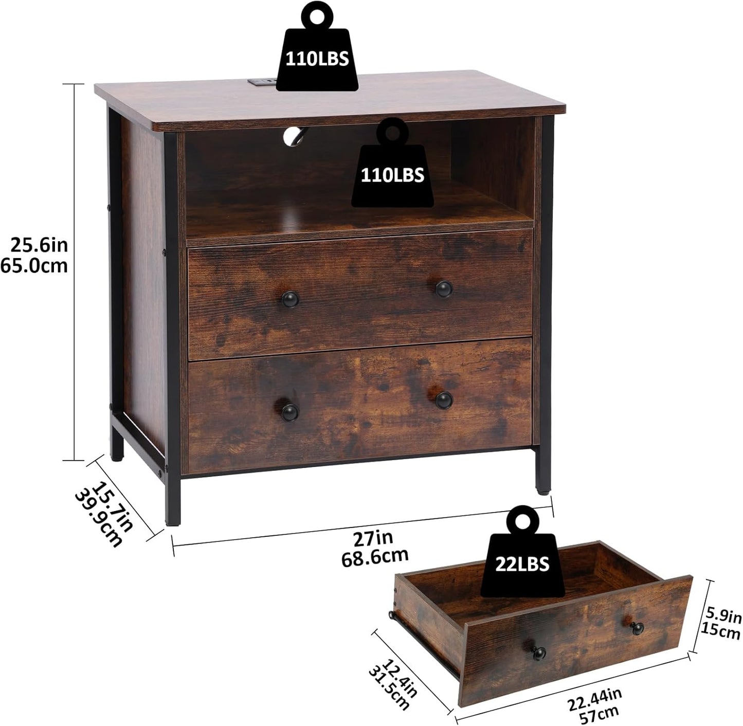 27 Inch Wide Night Stand, Large Wood Night Stand with 2 Drawers, LED Nightstand with Charging Station and Adjustable Drawer, Bedside Table for Living Room/Bedroom/Study/Office, Retro.