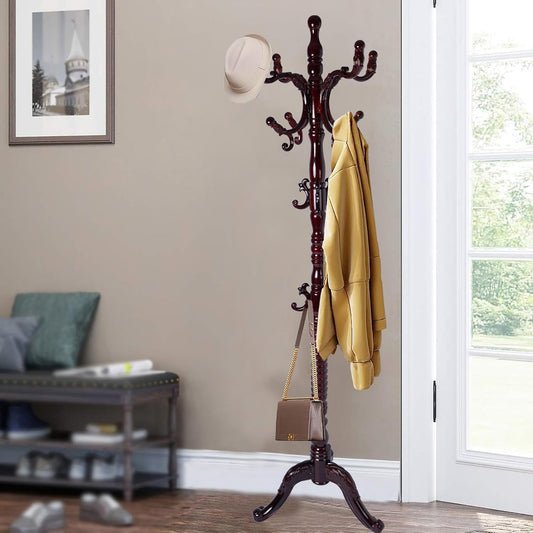 73" Wooden Coat Rack Stand,Coat Racks Freestanding With 14 Hooks And Solid Round Base Heavy Duty Adjustable Height Hall Tree Coat Rack for Entryway Hallway Foyer Office Bedroomf (3-Legged Redwood)