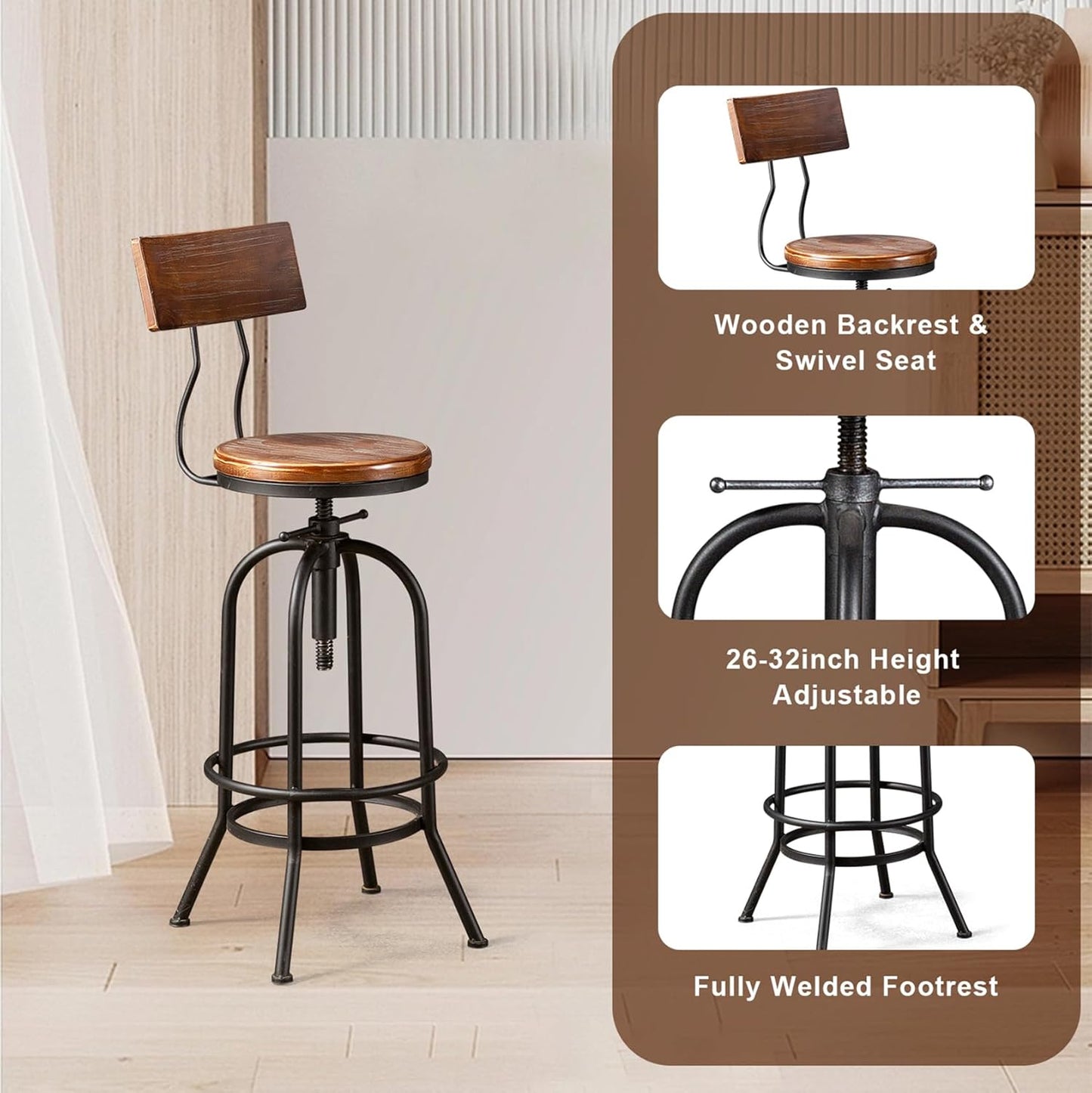 LOKKHAN Industrial Bar Stool-26-32 Inch Adjustable Swivel Round Wood Metal Kitchen Stool Rustic Farmhouse Counter Height Extra Tall Bar Height Stool-Arc-Shaped Backrest,Welded,Set of 2