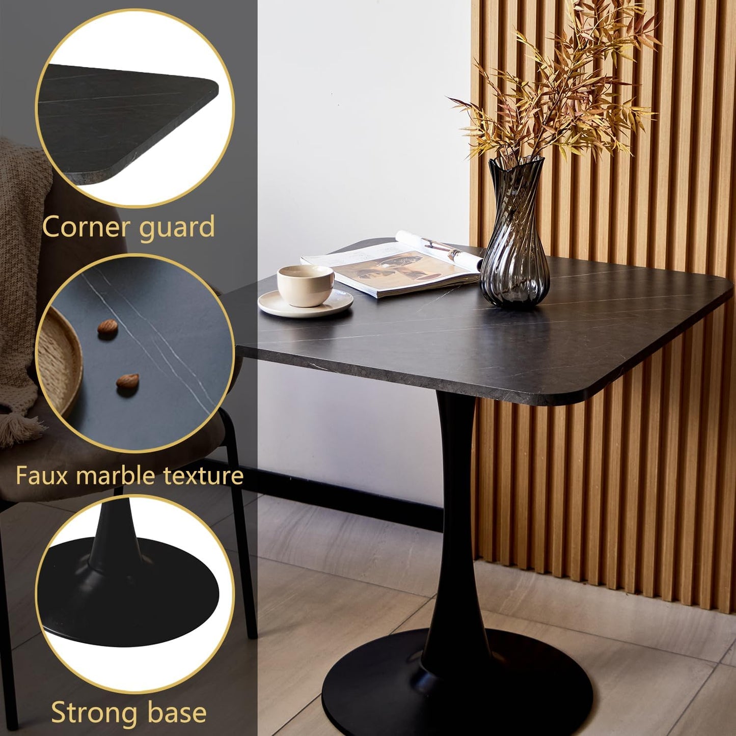 Square Modern Dinning Table 30 inches for 2-4 Bistro Tulip Table with Faux Marble top,Easy Assemble,Sturdy Metal Frame Diameter 30in*H28.74in (Black, 30in)