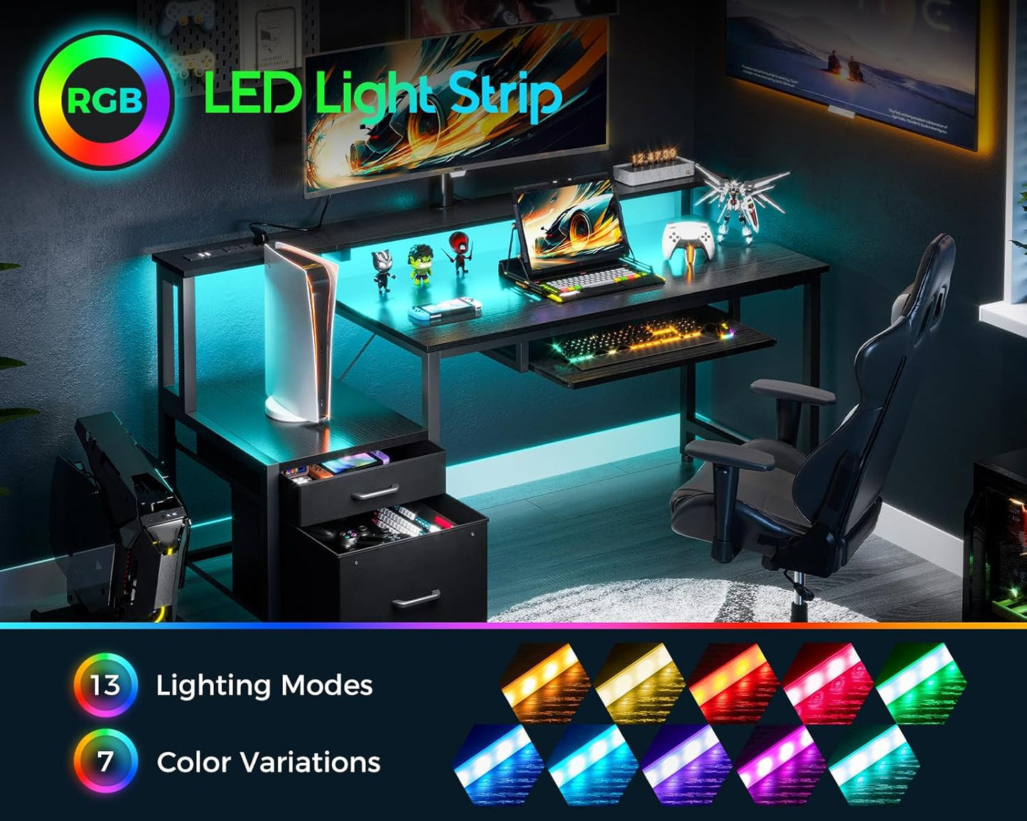 AODK Computer Desk with Drawers and Keyboard Tray, 55" Office Desk with Power Outlet and LED Lights, Reversible Study Work Desk with Printer Shelf and PC Stand for Home Office, Black