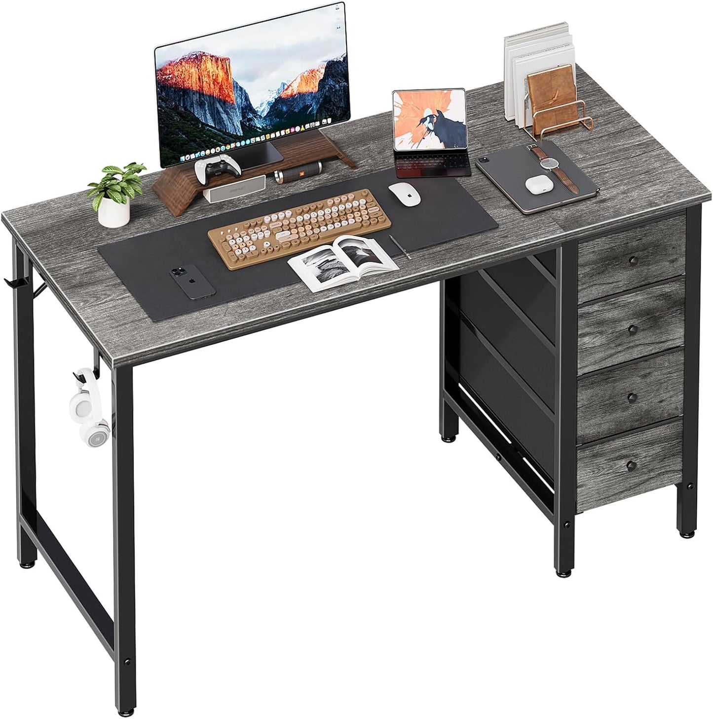 Lufeiya 47 inch Computer Desk with 4 Fabric Drawers, Writing Work Study Desk for Home Office Bedroom, Modern Simple Student PC Desks, Gray