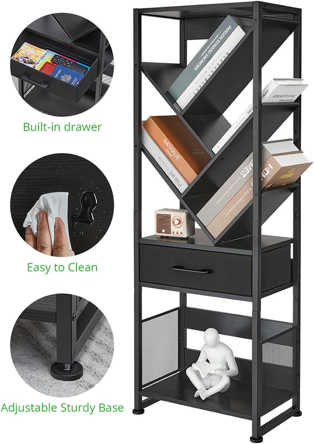 Bookshelf with Drawer,8 Tier Tree Bookcase Retro Floor Standing Bookshelves,Tall Wood Bookcases with Cabinet Storage Organizer for Living Room, Bedroom & Home Office, Black