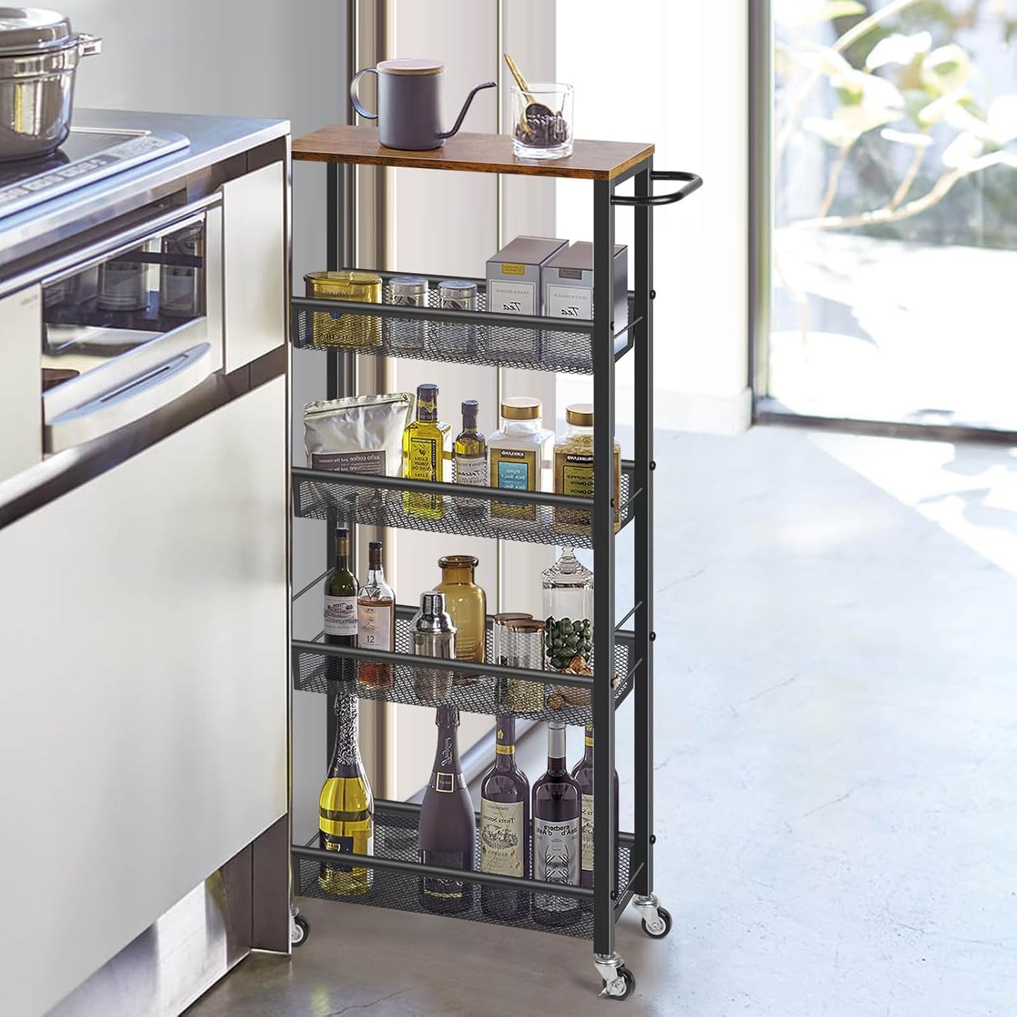 MOOACE Slim Storage Cart, 5 Tier Kitchen Rolling Carts with Wheels, Metal Narrow Cart Utility Cart Mobile Shelving Unit for Bathroom Organizer Kitchen Office Laundry Room, Brown