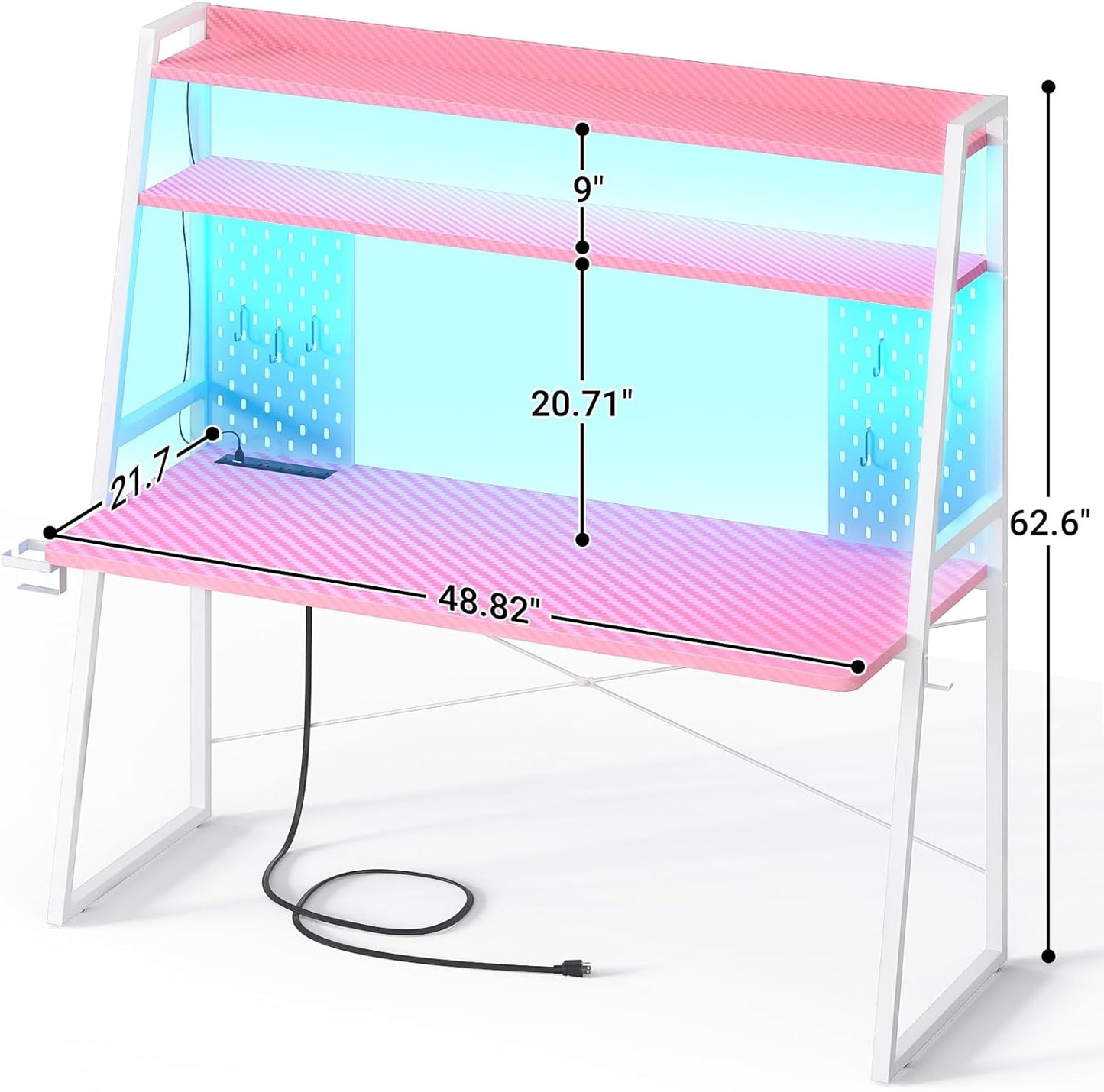 Gaming Desk with Hutch and LED Lights, Gaming Computer Desk with Power Outlets, Gamer Desk with Storage Shelves, PC Game Desk with Pegboards for Bedroom, Carbon Fiber Pink, 49"