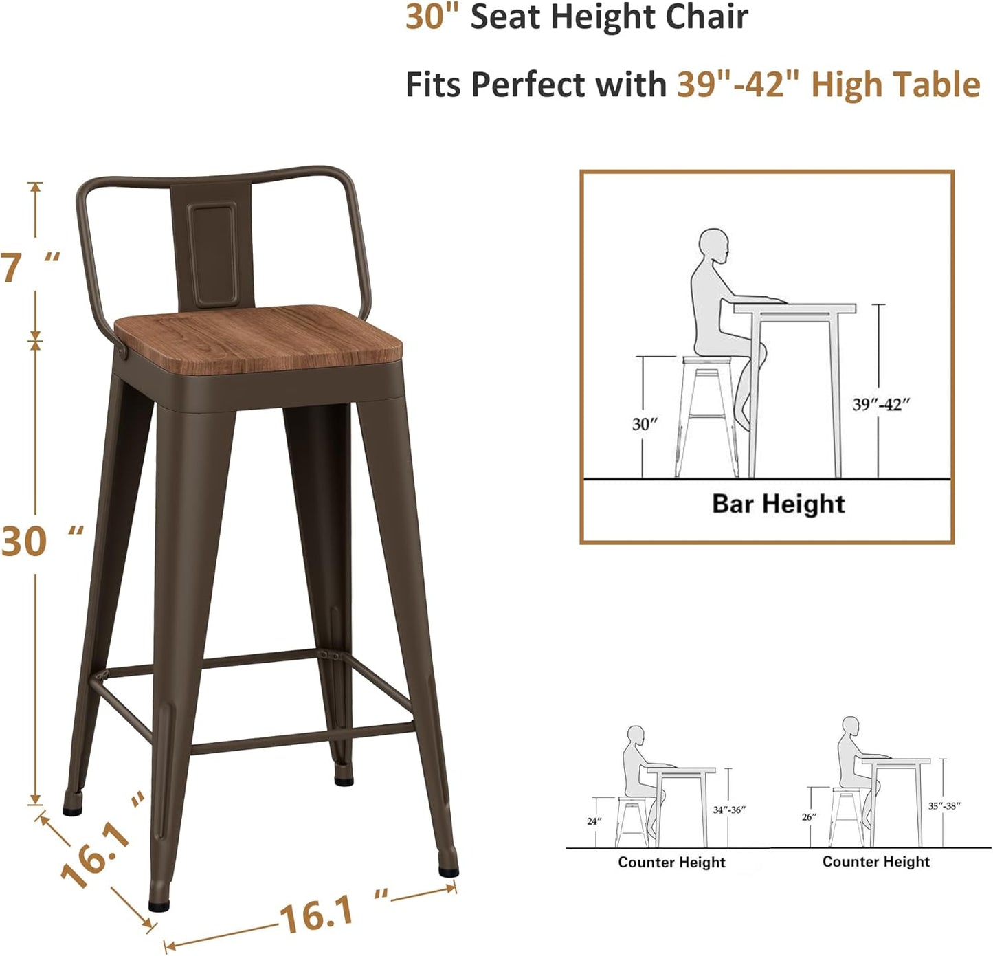 WENTMENT Bar Stools Set of 4 Counter Height Bar Stools Metal Barstools with Removable Back 30" Kitchen Bar Stools with Wooden Seat, Rusty