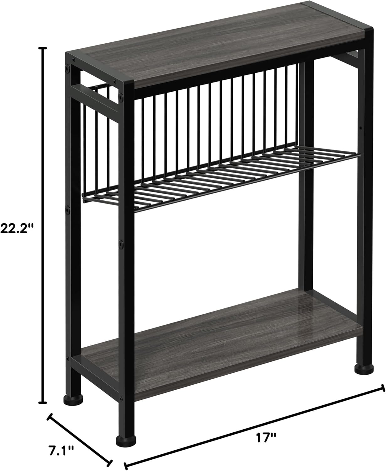 End Table for Small Space, 3-Tier Narrow Side Table with Magazine Holder,Slim Nightstand, Skinny Snack Couch Table in Living Room, Bedroom Study and Balcony (Grey)