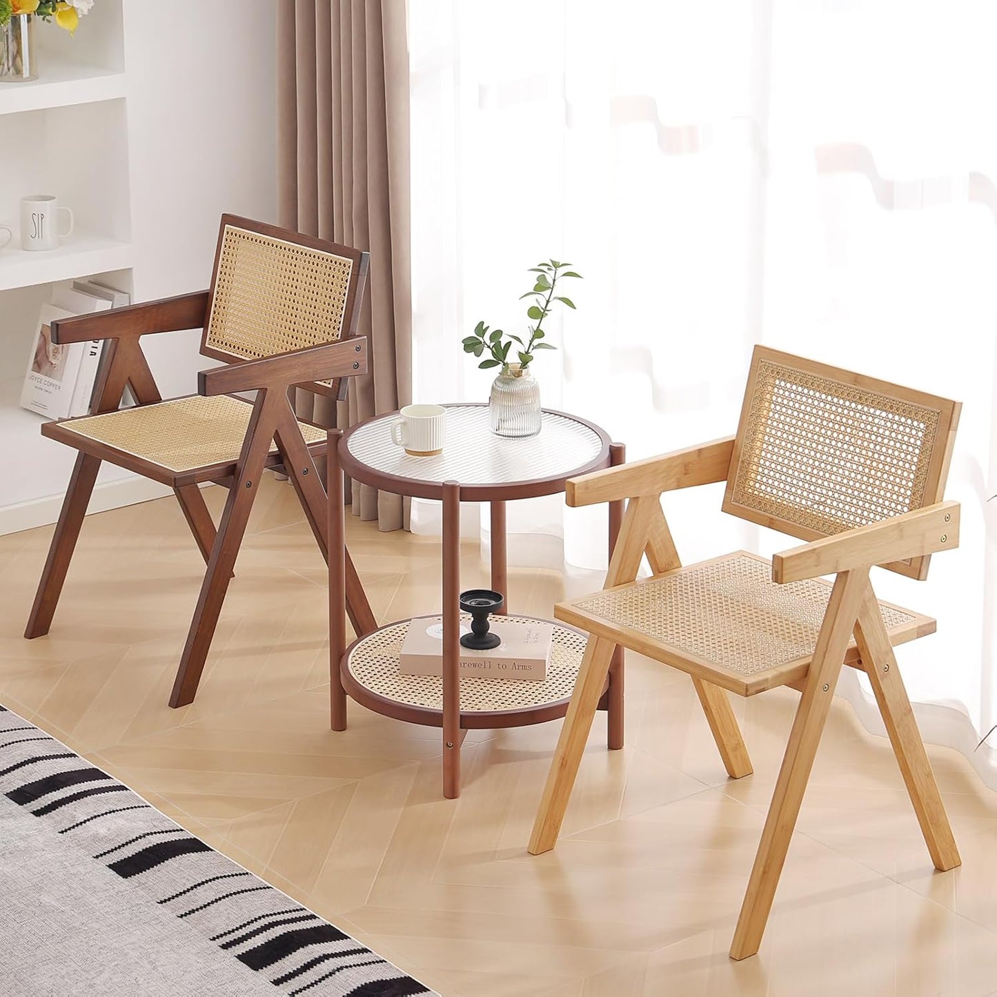 Tiita Rattan Dining Chairs Set of 2, Mid Century Modern Armchairs, Wooden Kitchen Chairs for Dining Room, Living Room, Walnut