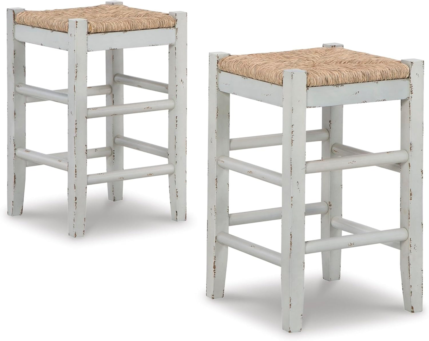 Signature Design by Ashley Mirimyn Farmhouse 23.63" Counter Height Bar Stool with Woven Wicker Seats, 2 Count, White & Light Brown