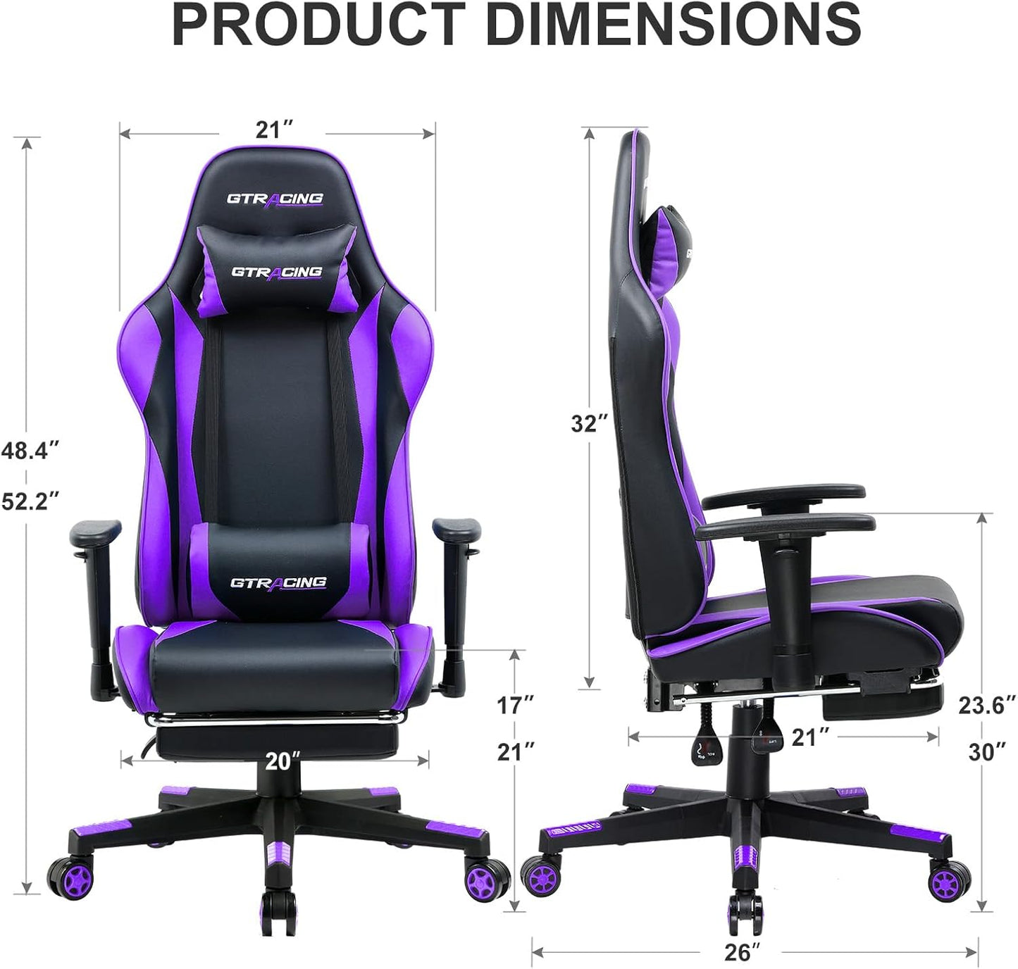 GTRACING Gaming Chair with Footrest, Ergonomic Computer Game Desk Chair, Reclining Gamer Chair Seat Height Adjustment, Swivel Rocker with Headrest and Lumbar, Purple