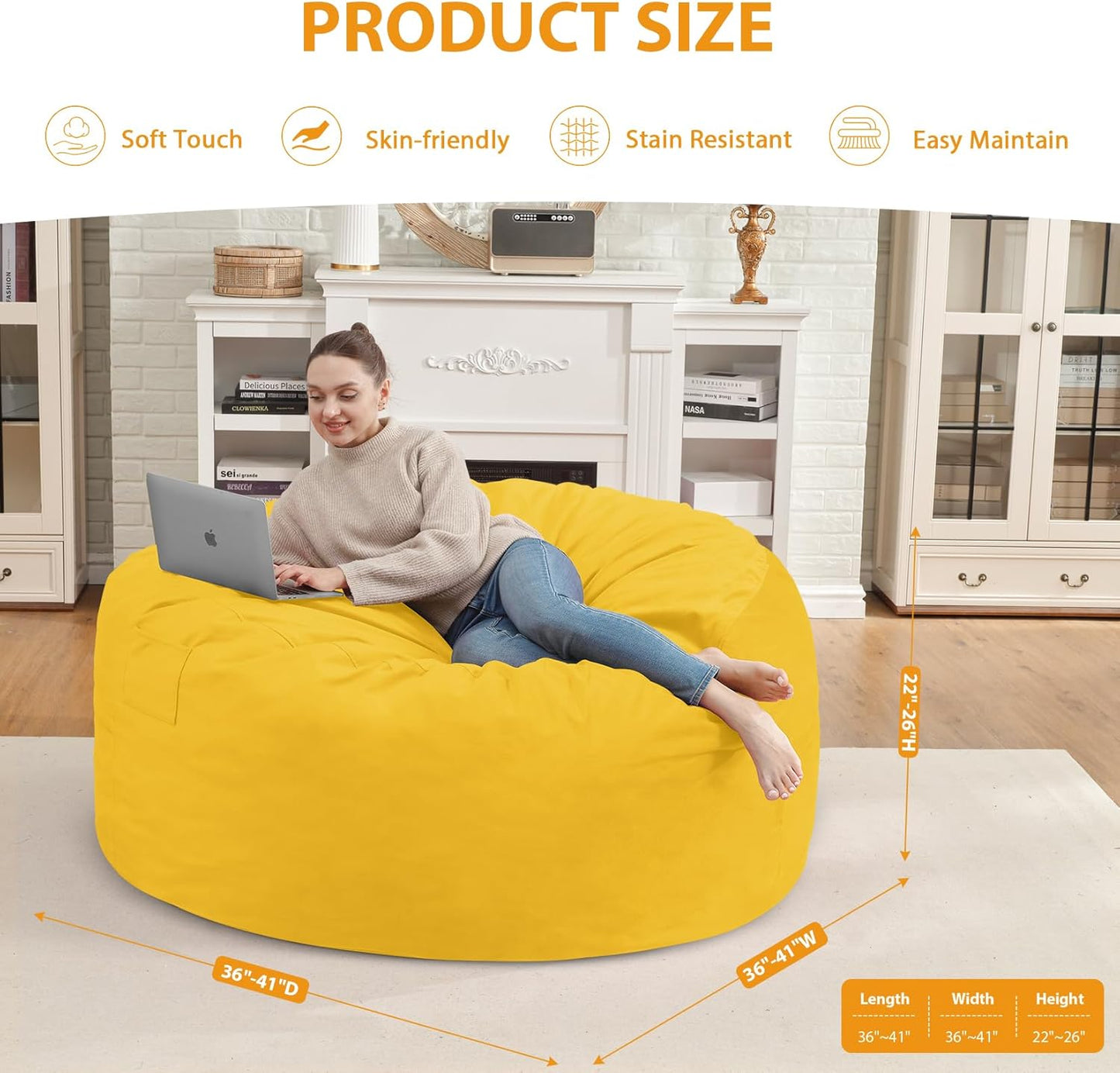 3FT Bean Bag Chair, Comfy Bean Bag Chairs with Memory Foam Filled, Fluffy Beanbag Sofa with Dutch Velvet Cover, Round BeanBag Chairs for Living Room, Playroom - Lemon