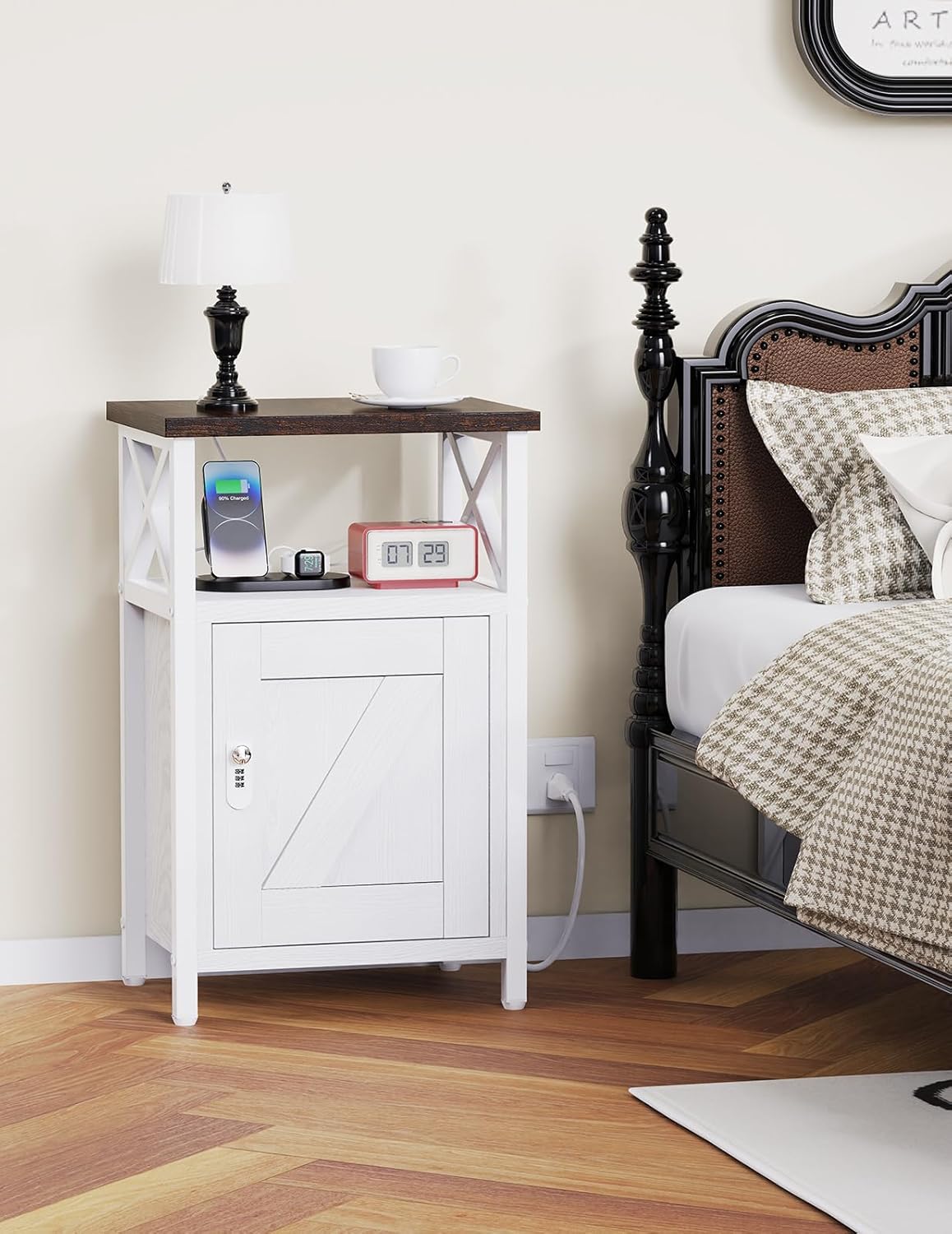 Wooden Nightstand with Lock, Bed Side Table with Drawers, Bedside Table with Charging Station, 3 USB & 2 Outlets, Night Stand with Storage, End Tables for Living Room, Bedroom, Dorm, Walnut