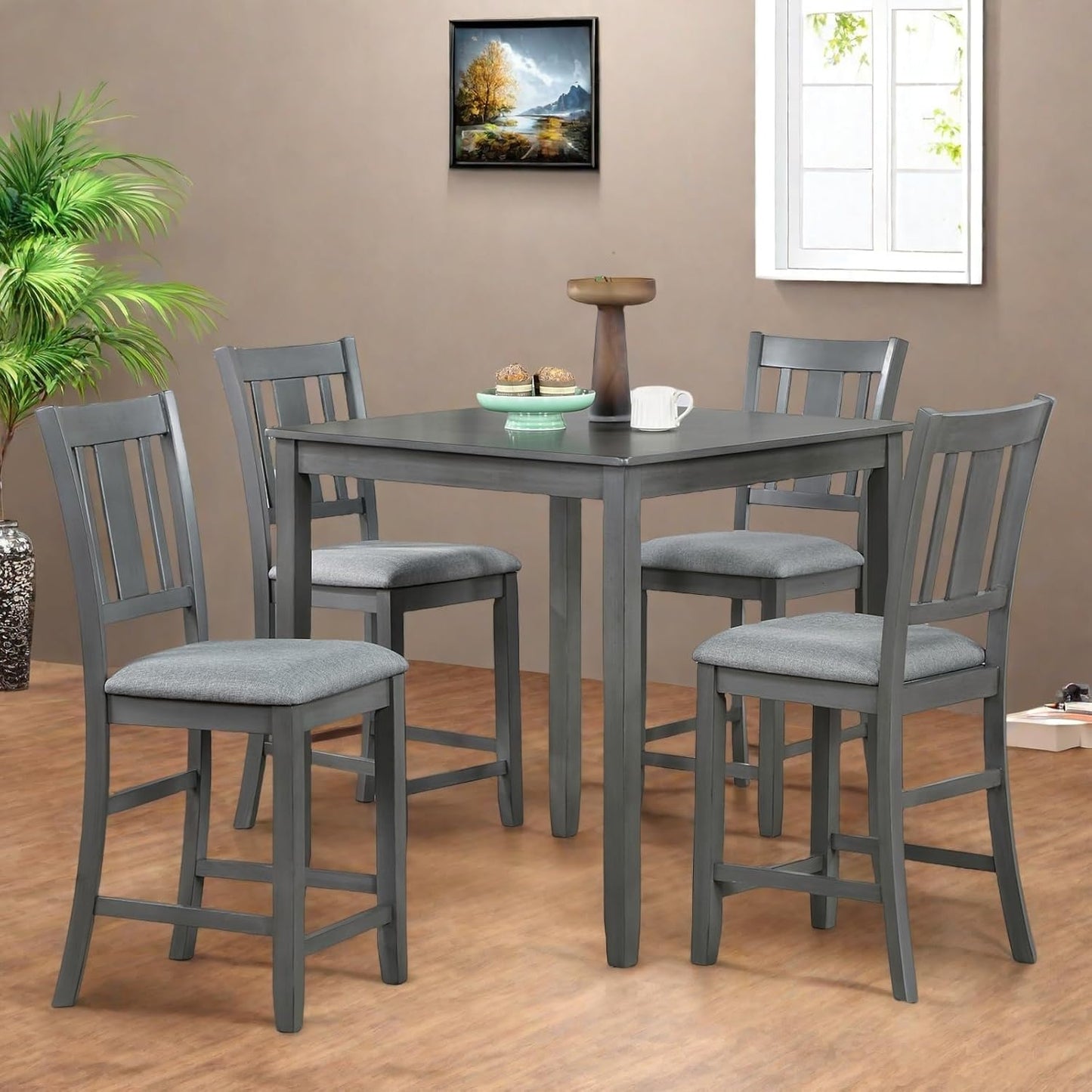 Dining Table Set for 4, Modern 5 Piece Dining Room Table Set with Square Table & 4 Slatted Backrest Upholstered Chairs, Counter Height Kitchen Chairs Set for Small Space, Gray