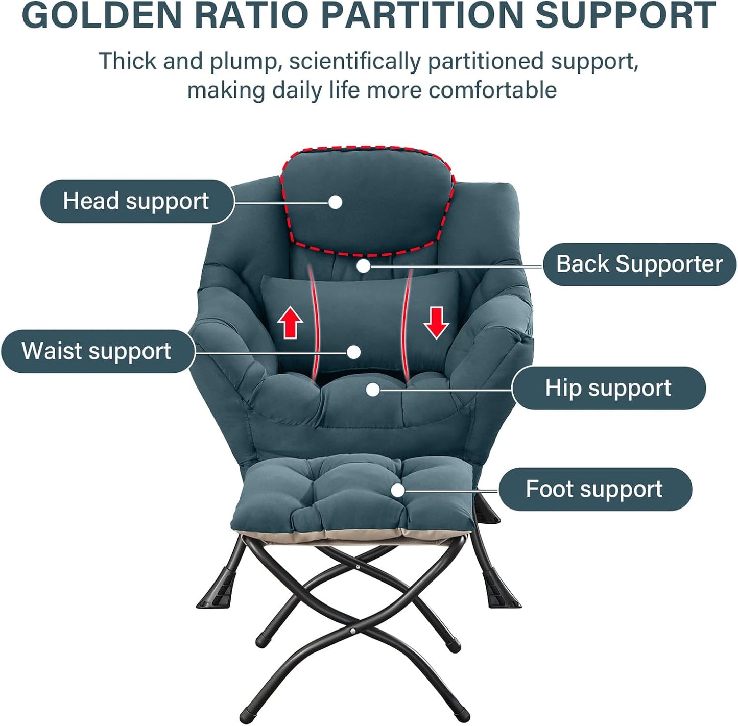 Lazy Chair with Ottoman, Comfy Fabric Accent Lounge Arm Chair with Lumbar Pillow and Folding Footrest, Reading Leisure Sofa Aimchair for Bedroom, Living Room, Dorm,Dark Green