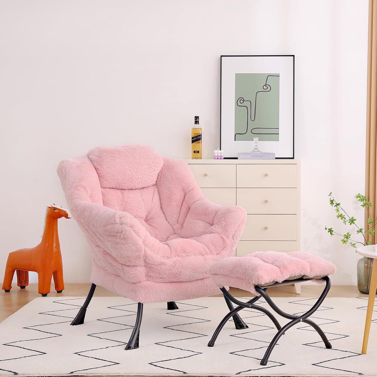 Lazy Chair with Ottoman, Modern Accent Chair Lounge Leisure Sofa Chair with Armrests, Reading Chair and Folding Footstool for Living Room, Bedroom, Office, Plush Pink
