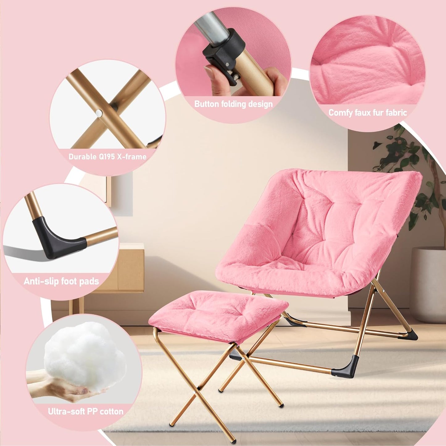 Comfy Oversized Saucer Chair with Ottoman,Soft Faux Fur Reading Lounge Chair for Adults,Stable X-Large Metal Frame and Non-Slip Pad,Cozy Chair for Bedroom, Living Room, Dorm, Office, Pink