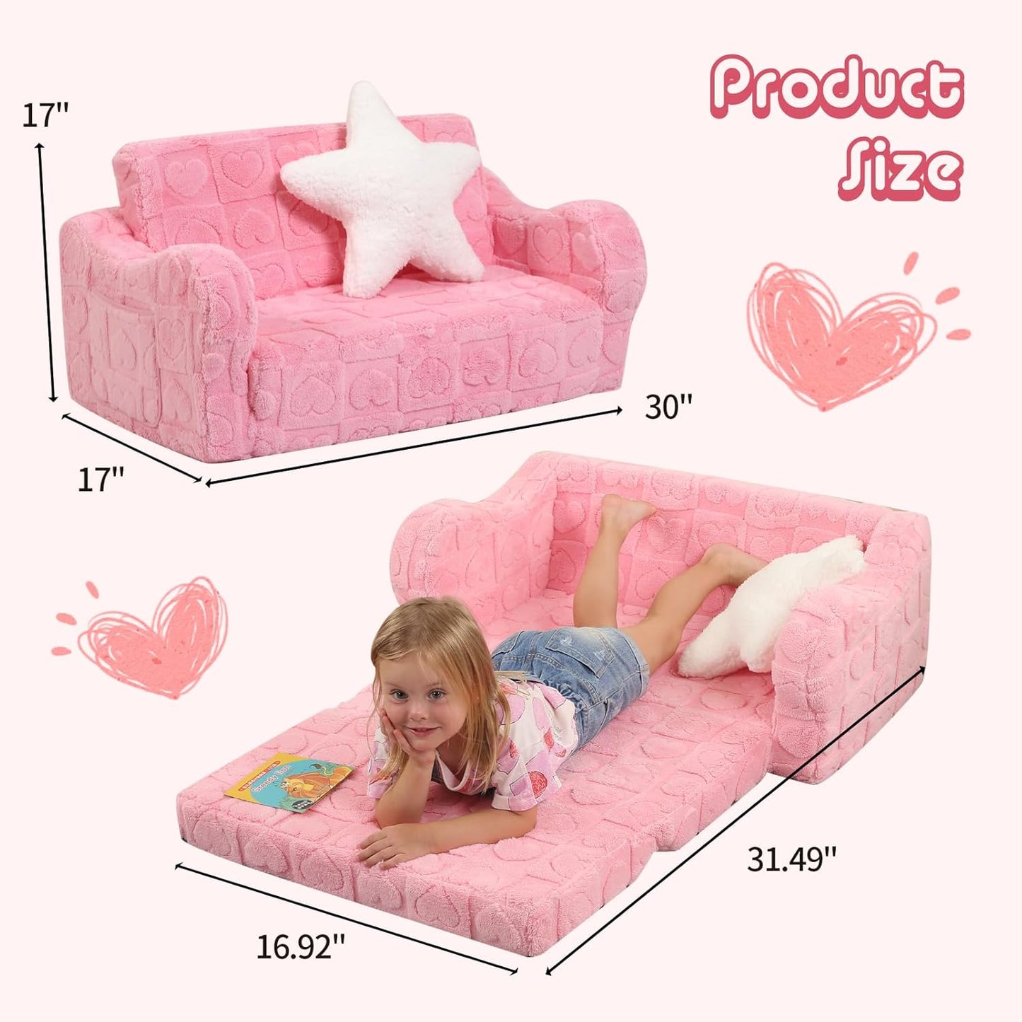 Extra Wider Seating Toddler Couch, 2-in-1 Toddler Soft Couch Fold Out with Star Pillow, Convertible Sofa to Lounger for Girls and Boys, Pink Heart