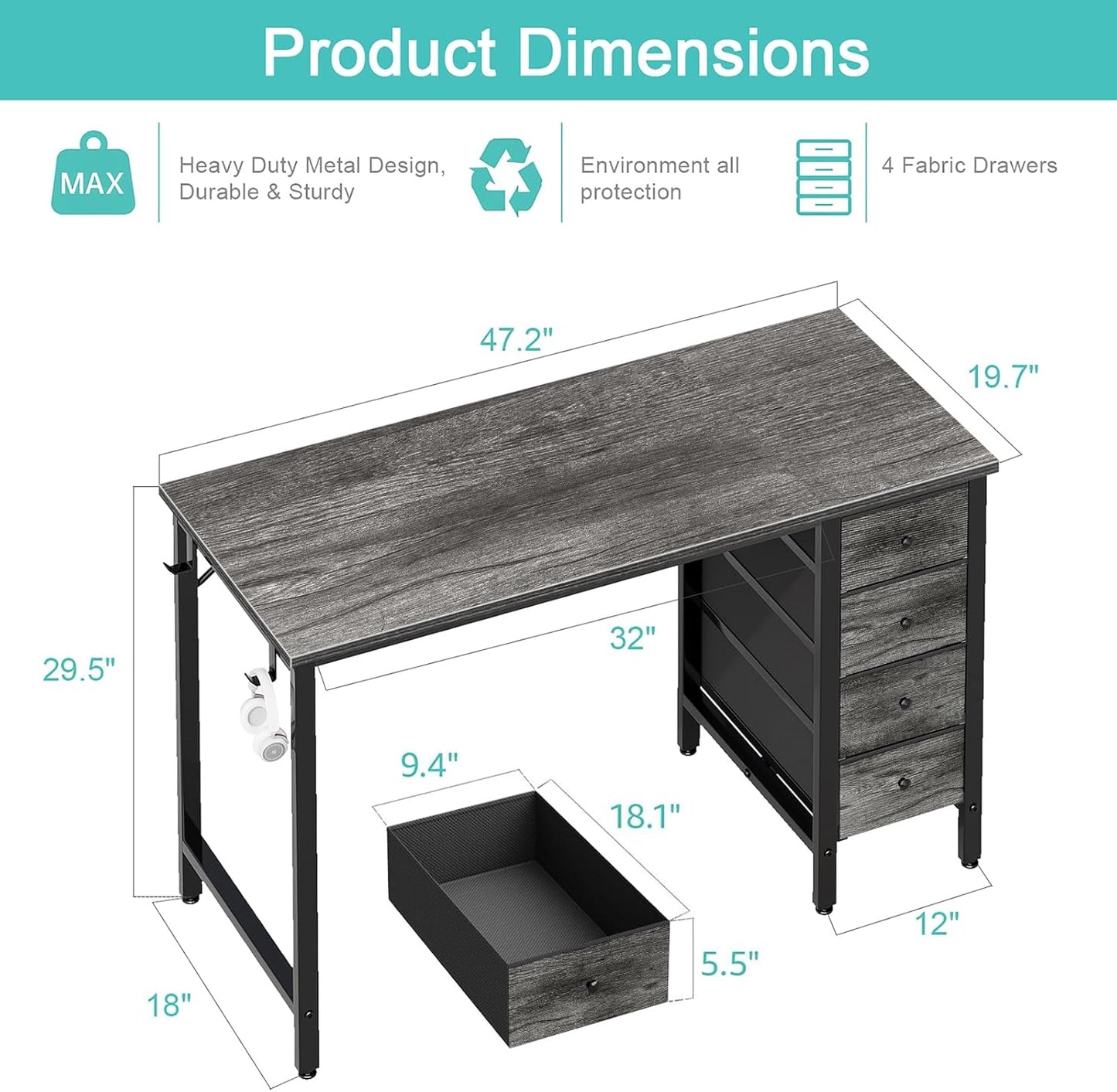 Lufeiya 47 inch Computer Desk with 4 Fabric Drawers, Writing Work Study Desk for Home Office Bedroom, Modern Simple Student PC Desks, Gray