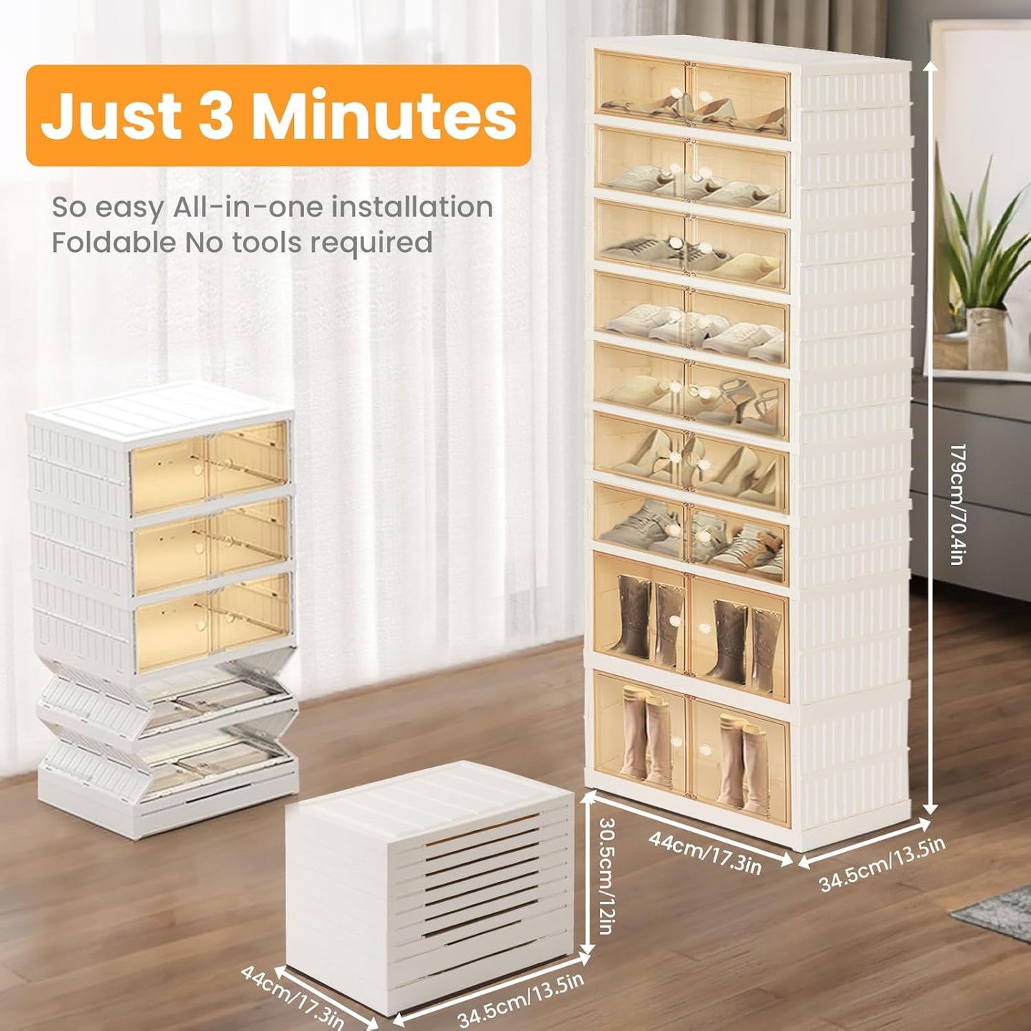 Foldable Shoe Organizer Storage Box, Portable Extra Large Folding Shoe Rack for Closet, Shoe Storage Box with Magnetic Transparent Door and Wheels, 9 Layers 18 Grids with 4 Big Grids for 2 PCS