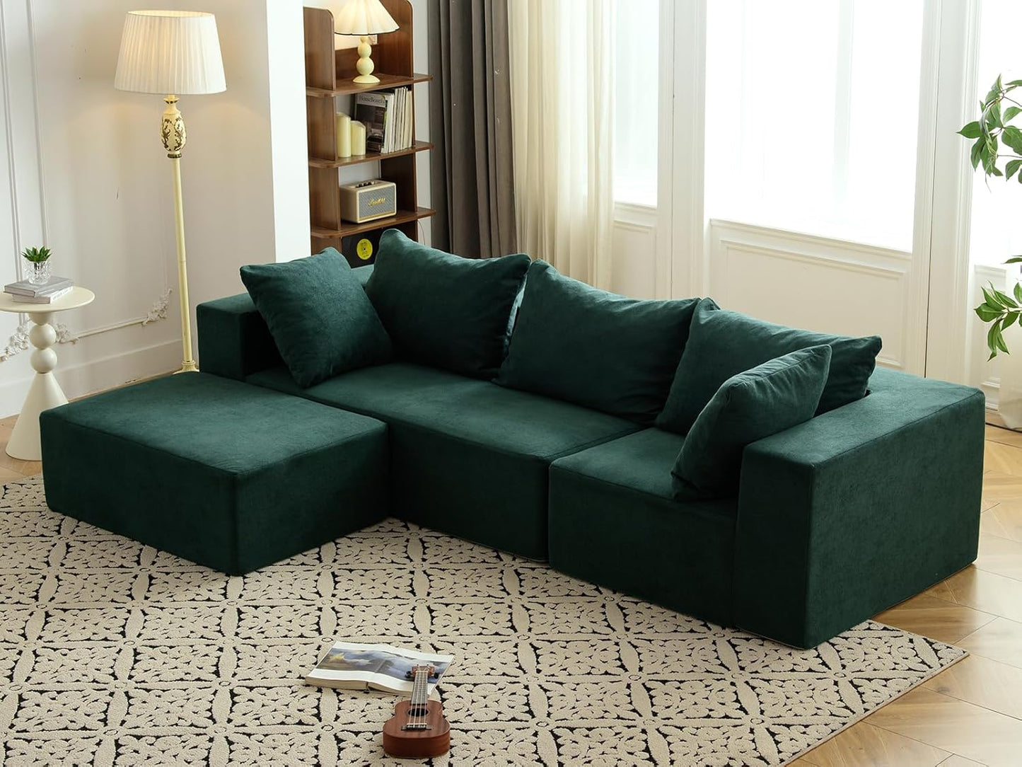 Vamcheer Modular Sectional Sofa with Chaise, Modern L Shaped Cloud Couch with Deep Seat, Sectional Couches for Living Room, Bedroom, Office, No Assembly Required, Green