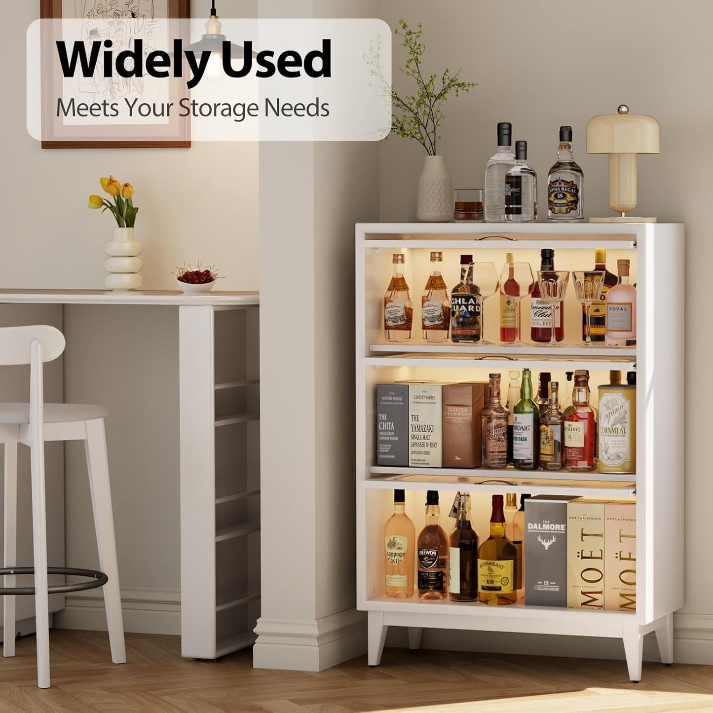 Solid Wood Storage Cabinet with Glass Doors, 3 Shelf Small Storage Cabinet, Mid Century Modern Bookcase, Kitchen Pantry Cabinet (White, 31.5" W)