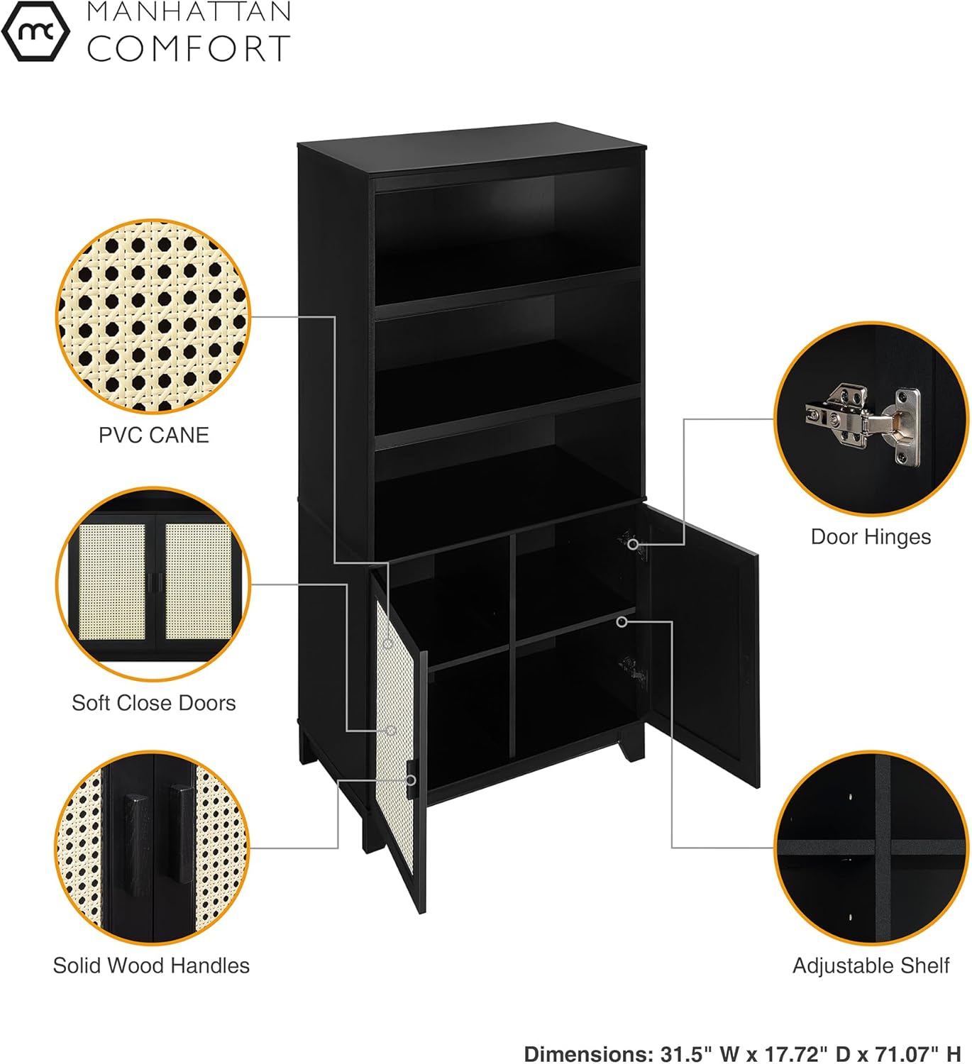 Manhattan Comfort Sheridan Modern Cane Bookcase with Adjustable Open Shelves, Soft Close Doors, and Concealed Compartments, Versatile 3 Tier Bookshelf Storage for Home and Office, Set of 1, Black