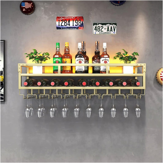 Pengfei LED Wine Rack Wall Mounted, Industrial Metal Wall Wine Shelf & Glass Holder, Large Floating Shelves Wine Bottle Storage Display Rack for Home Bar Dining Room Decor,Gold