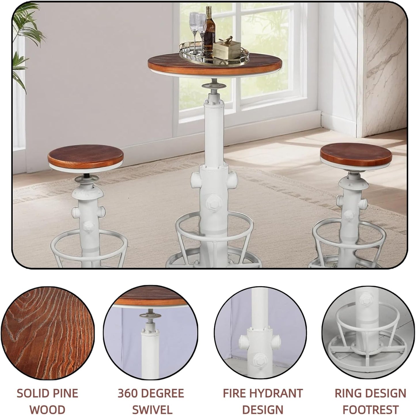 Vintage Pub Table 38.6-44.5inch Height Adjustable Industrial High Bar Table in Home Kitchen Farmhouse Cafe Table for 2-3 People Swivel Wooden Top