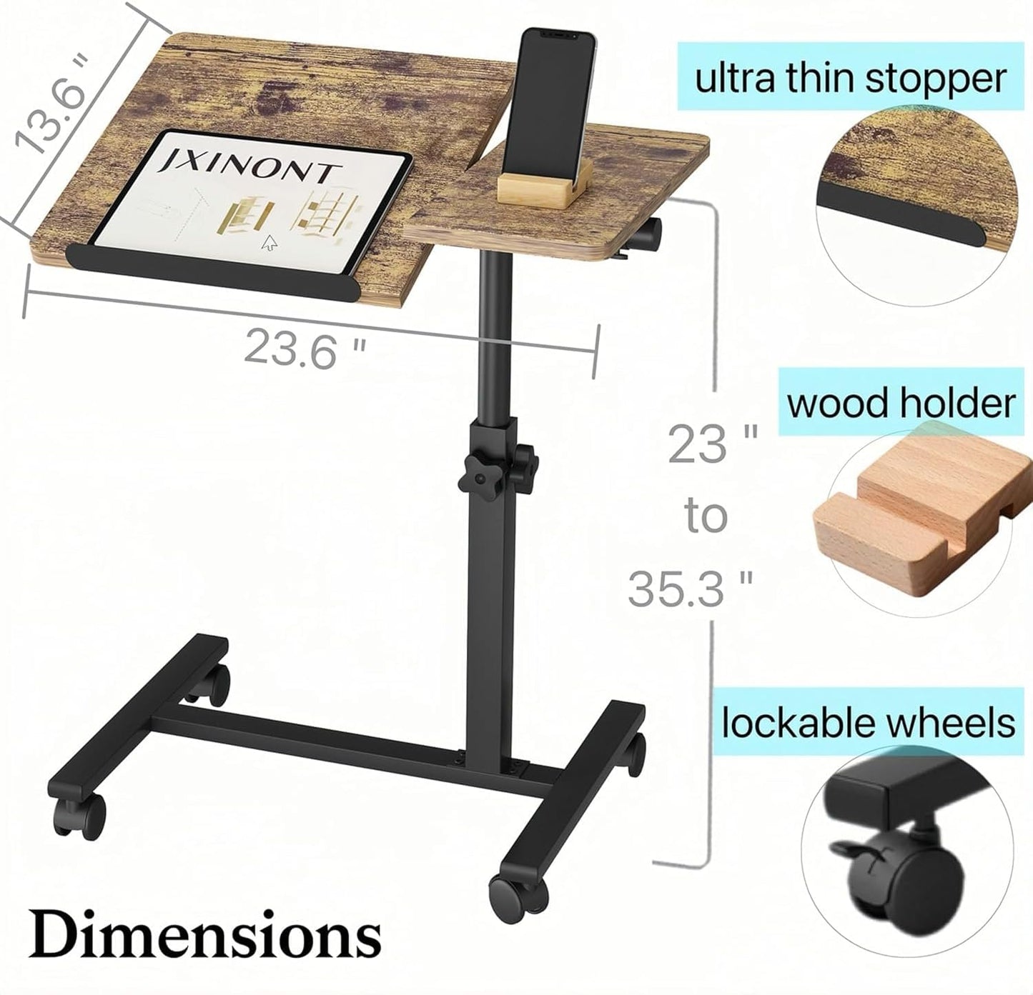 Overbed Table Bedside Desk Hospital Bed Table Mobile Rolling Laptop Stand Tilting Medical with Wheels Adjustable Height (Yellow)