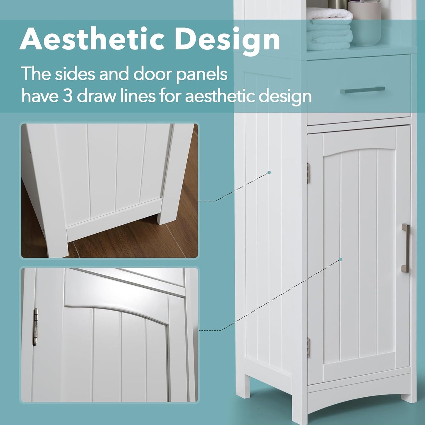 Tall Bathroom Storage Cabinet - 13" Narrow Slim Cabinet with Adjustable Shelves & Anti-Fall Drawers, Freestanding Linen Closet Organizer (Matte White & Grey Top, 64" Tall Cabinet with Doors)