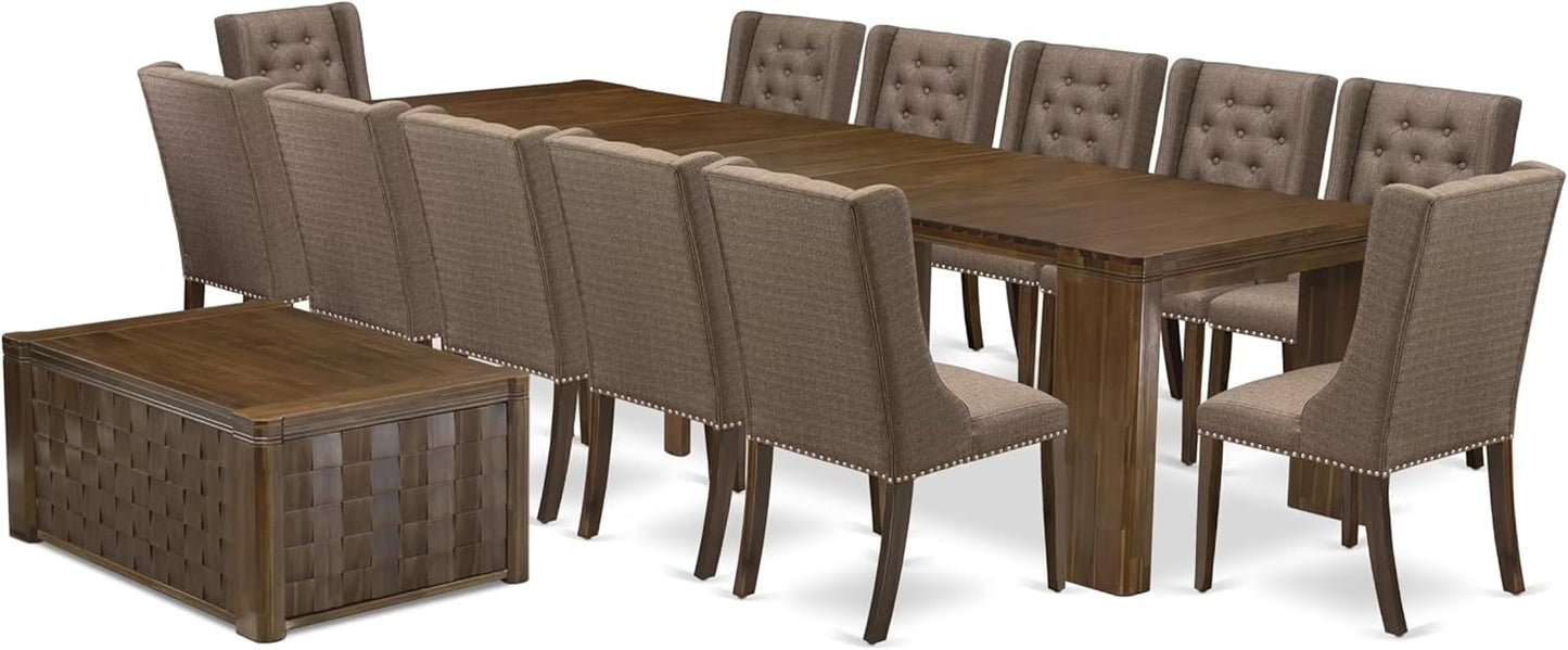X12FO-0C8-18 - 14 Pieces Kitchen Dining Table Set includes an Extendable Rectangle Kitchen Table, 1 Coffee Table and 12 Dining Chairs, 39x120 Inch, Antique Walnut