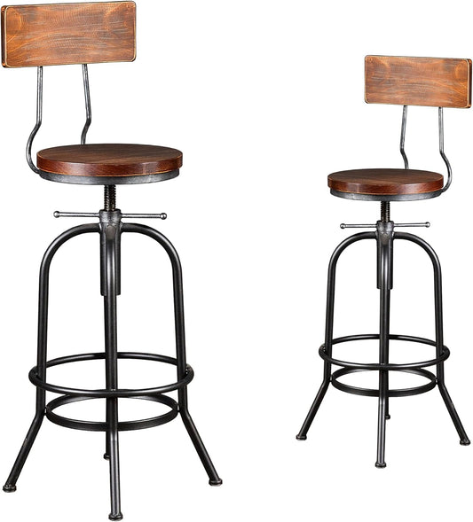 LOKKHAN Industrial Bar Stool-Adjustable Swivel Round Wood Metal Kitchen Stool-26-32.3 Inch-Rustic Farmhouse-Counter Height Extra Tall Bar Height Stool-Arc-Shaped Backrest,Welded,Set of 2